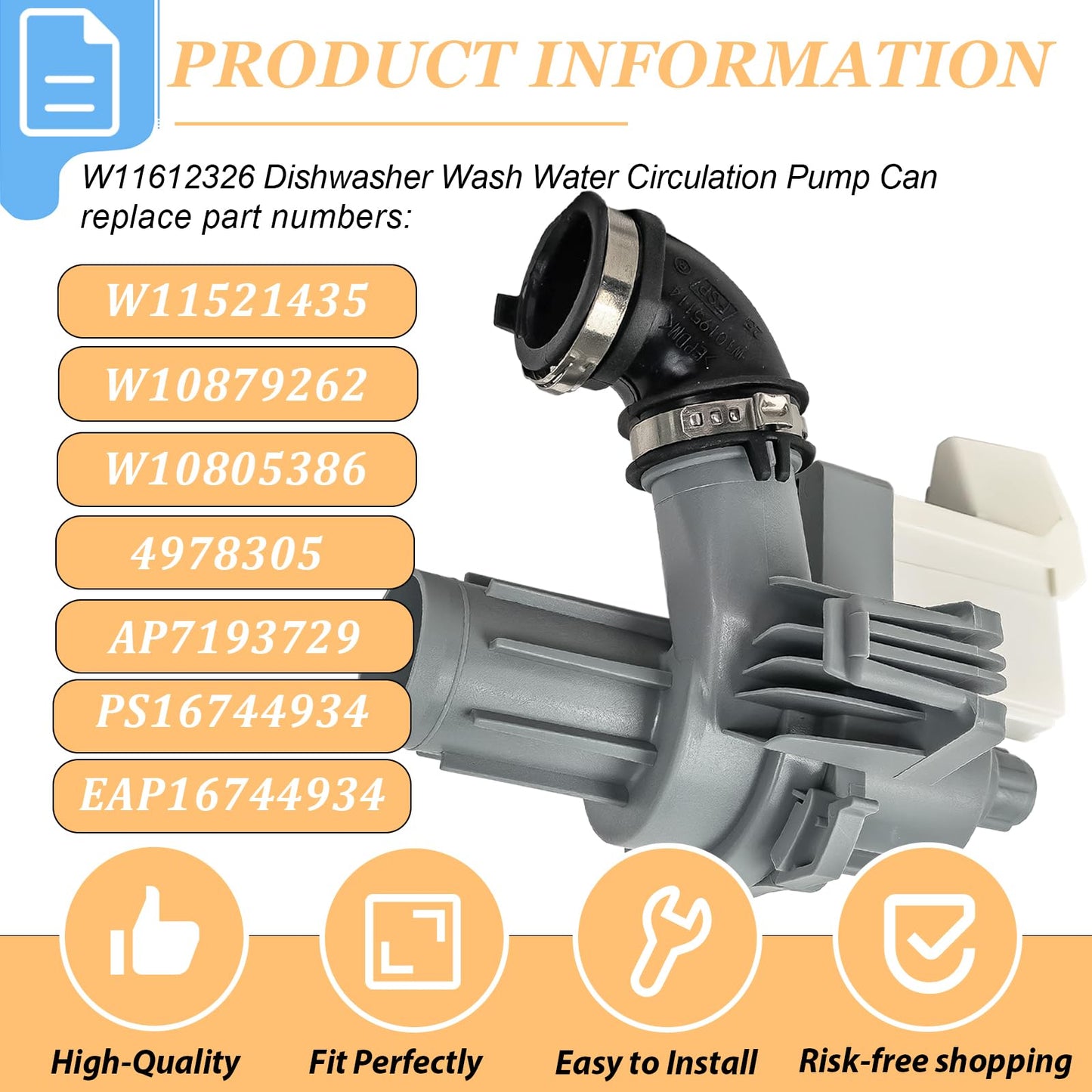W11612326 W11521435 Dishwasher Circulation Pump Replacement Parts, Fit for Whirlpool Kenmore WDF520PADM7 WDF330PAHS0 WDF320PADS3 WDF110PABB5 WDF110PABS5 WDF120PAFB0 66513002N511 66513802N710 Etc.