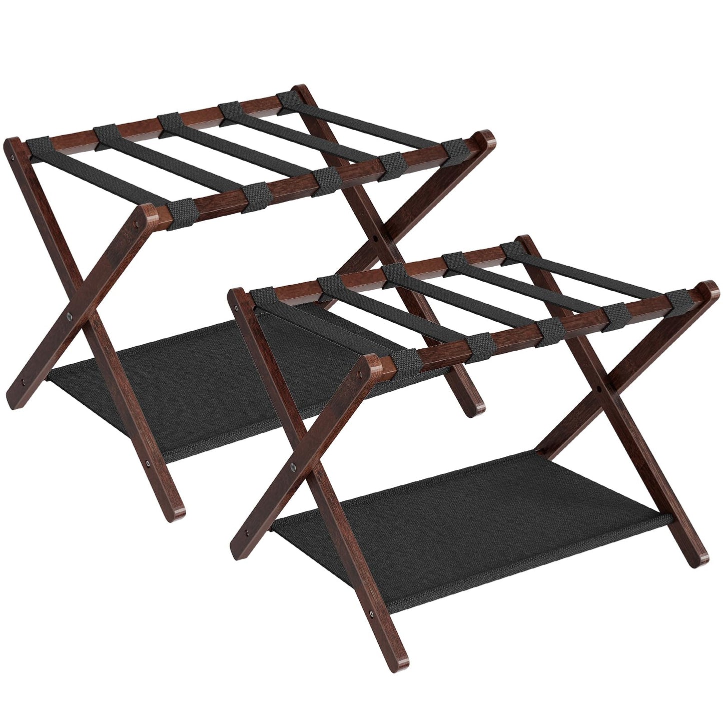 HOOBRO Luggage Racks, Set of 2 Folding Luggage Holders, Bamboo Suitcase Stands, with Nylon Straps and Oxford Fabric Shelf, for Guest Room, Hotel, Bedroom, Brown and Black BR17XLP201G1