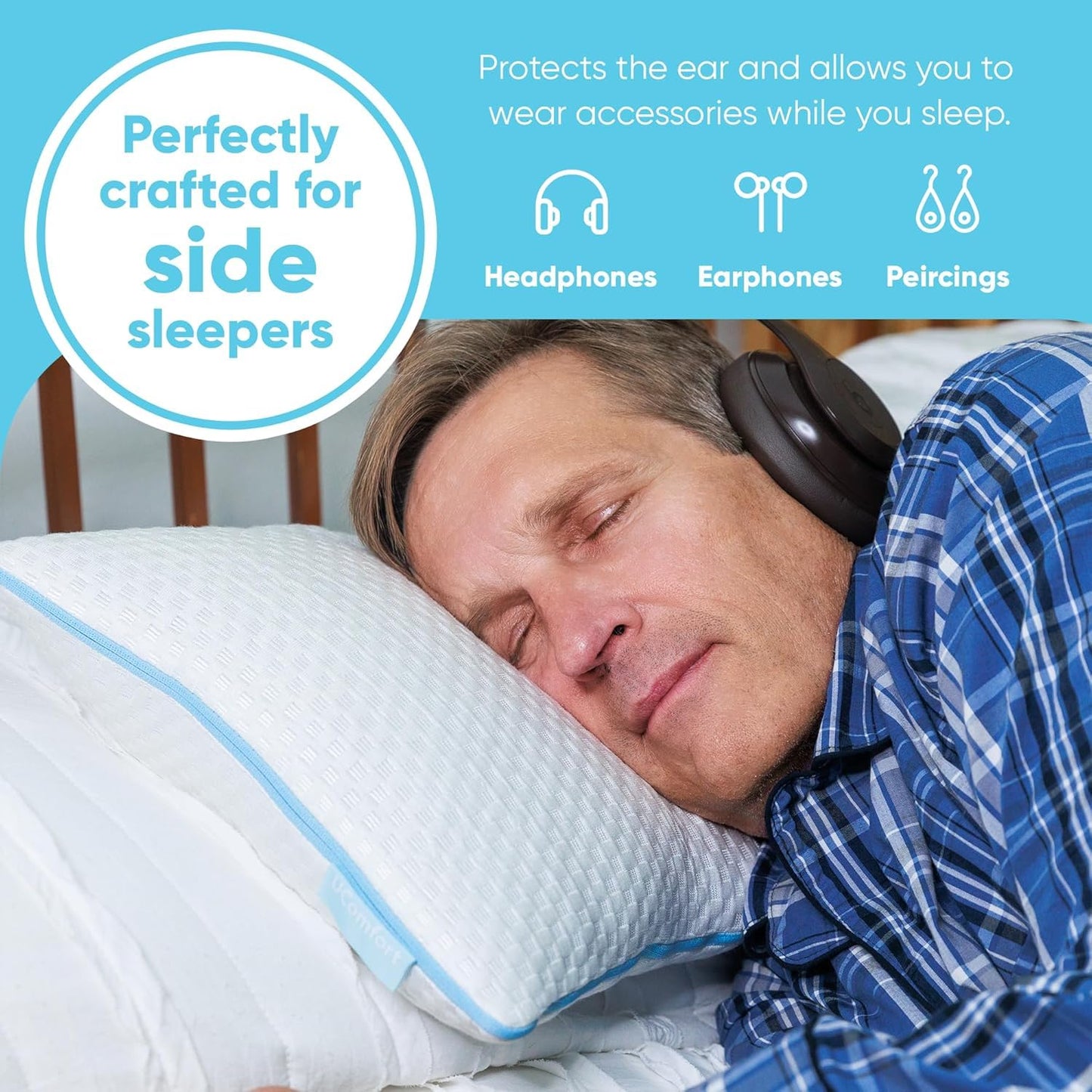 Ear Piercing Pillow for Side Sleepers alleviating Any Ear Pain and Inflammation. Small Sized 10"x18" Ear Pillow with Travel Bag, UComfort