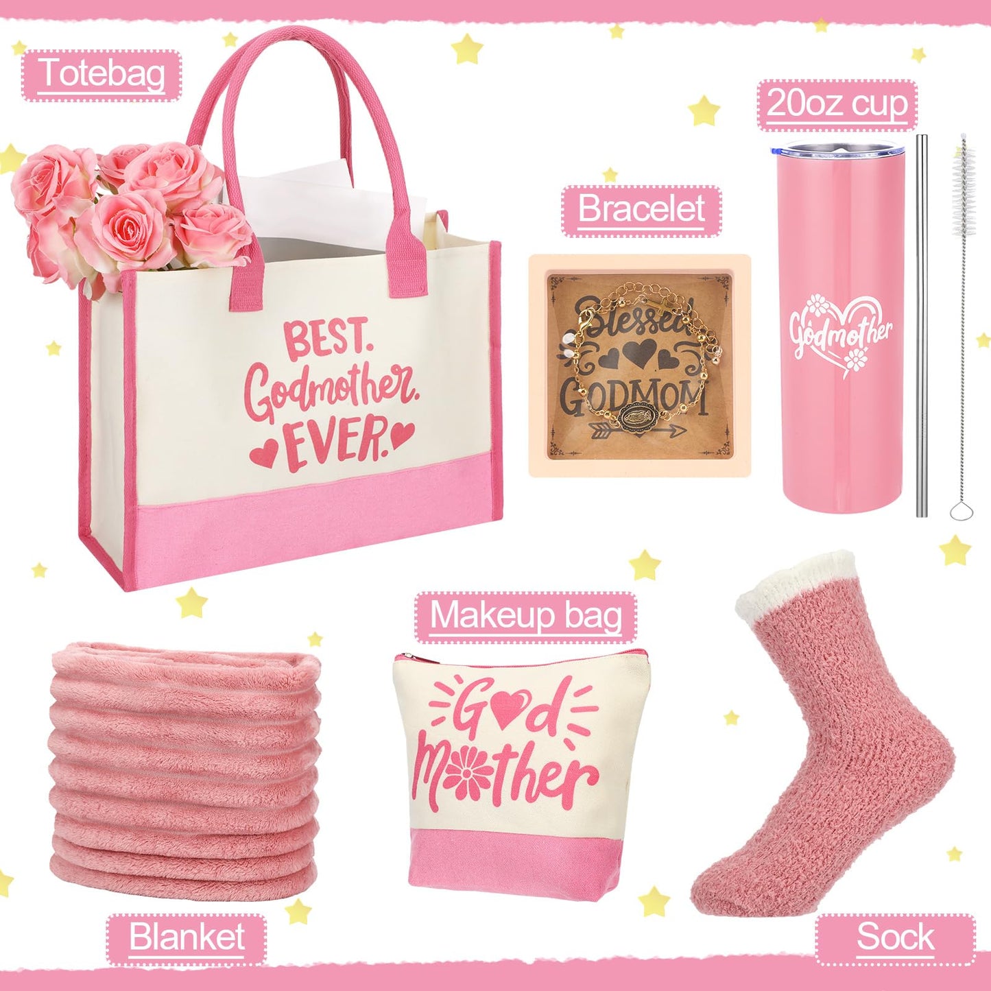 Geiserailie 6 Pcs Godmother Proposal Gift Set Will You Be My Godmother Gift Idea God Mother Gifts for Women Stainless Steel Tumbler Godmom Bag Makeup Bag Blanket Bracelet Socks(Pink)