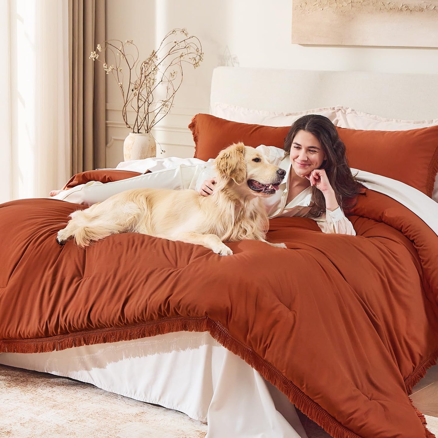 Andency King Size Comforter Set Burnt Orange, 3 Pieces Boho Terracotta Soft Lightweight Bedding Comforter Sets, Rust Tassel All Season Bed Set (104x90In Comforter & 2 Pillowcases)