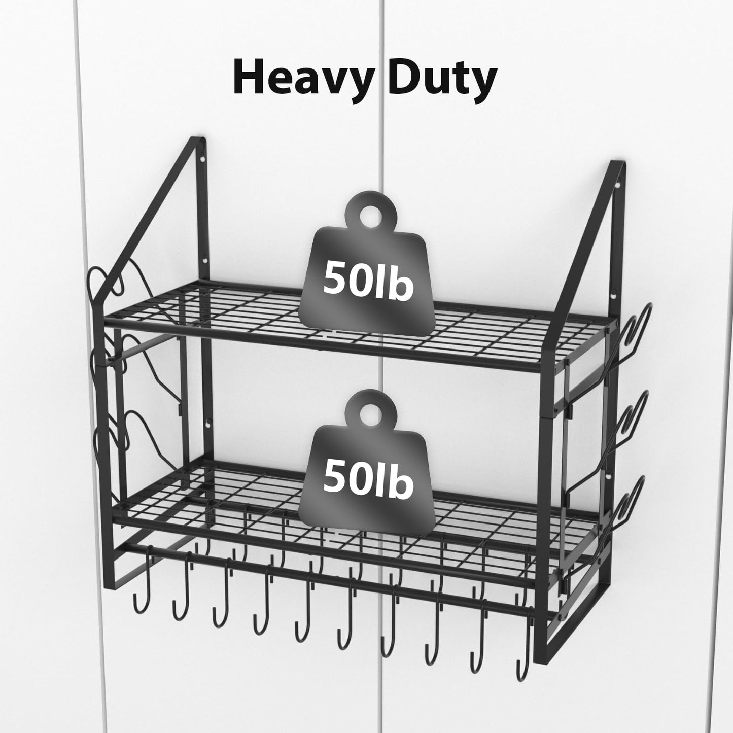 VyGrow 28 Inch Pot Rack Wall Mounted, 2 Tier Pots and Pans Organizer with 20 Hooks and 6 Pot Lid Holders, Heavy Duty Steel Pot and Pan Hanger for Kitchen Cookware Utensils Storage 34.7" Lx13 Wx26.4 H