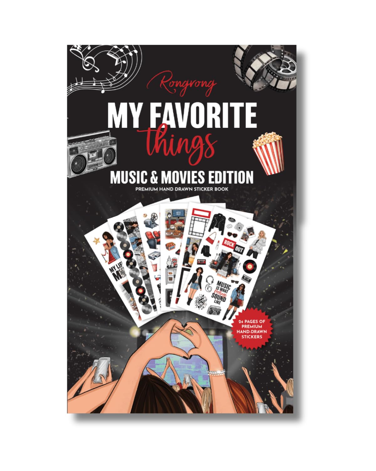 Rongrong My Favorite Things Planner Sticker Book – Stickers for Planners, Journals & Scrapbooks – 24 Pages – Inspired by Music Lovers & Movie Night Vibes