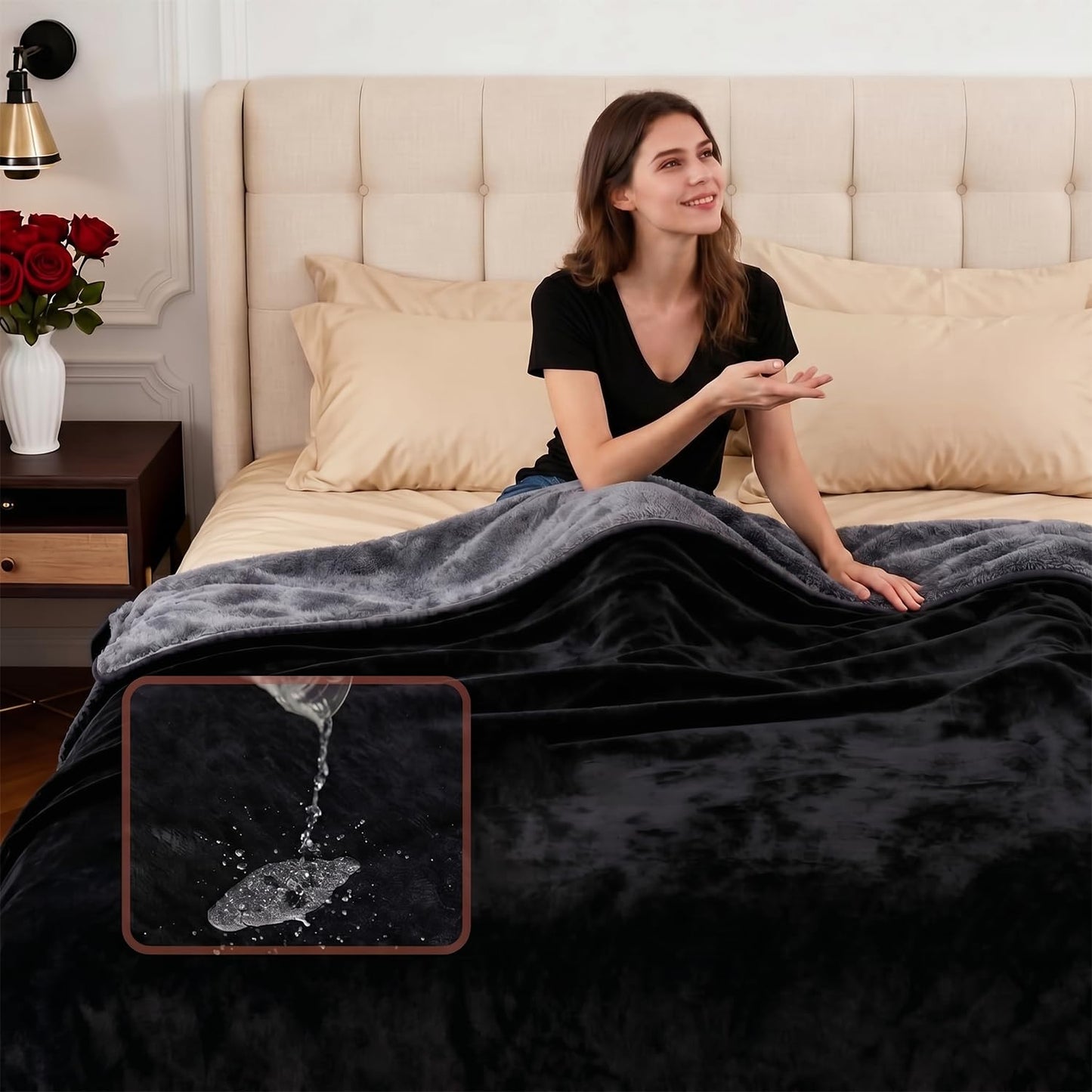 DouxDosy Waterproof Blanket for Bed - King Sized (80"x90") Plush Water Proof Blanket to Protect Furniture, Stain Resistant, Leak-Proof, Double-Sided Flannel & Sherpa Fleece, Reversible Black & Grey