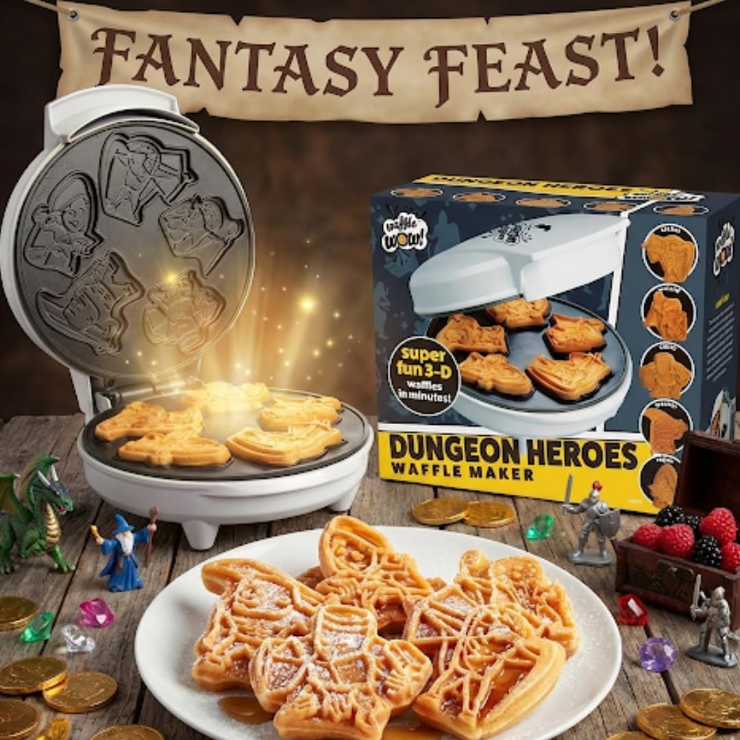 Dungeon Heroes Electric Mini Waffle Maker- Eat Wizards Fighters Clerics for Morning Breakfast Fun- Novelty Pancakes in Minutes, Non-Stick Fantasy Dragon for Tabletop Gamers- Great Waffler Novelty Gift