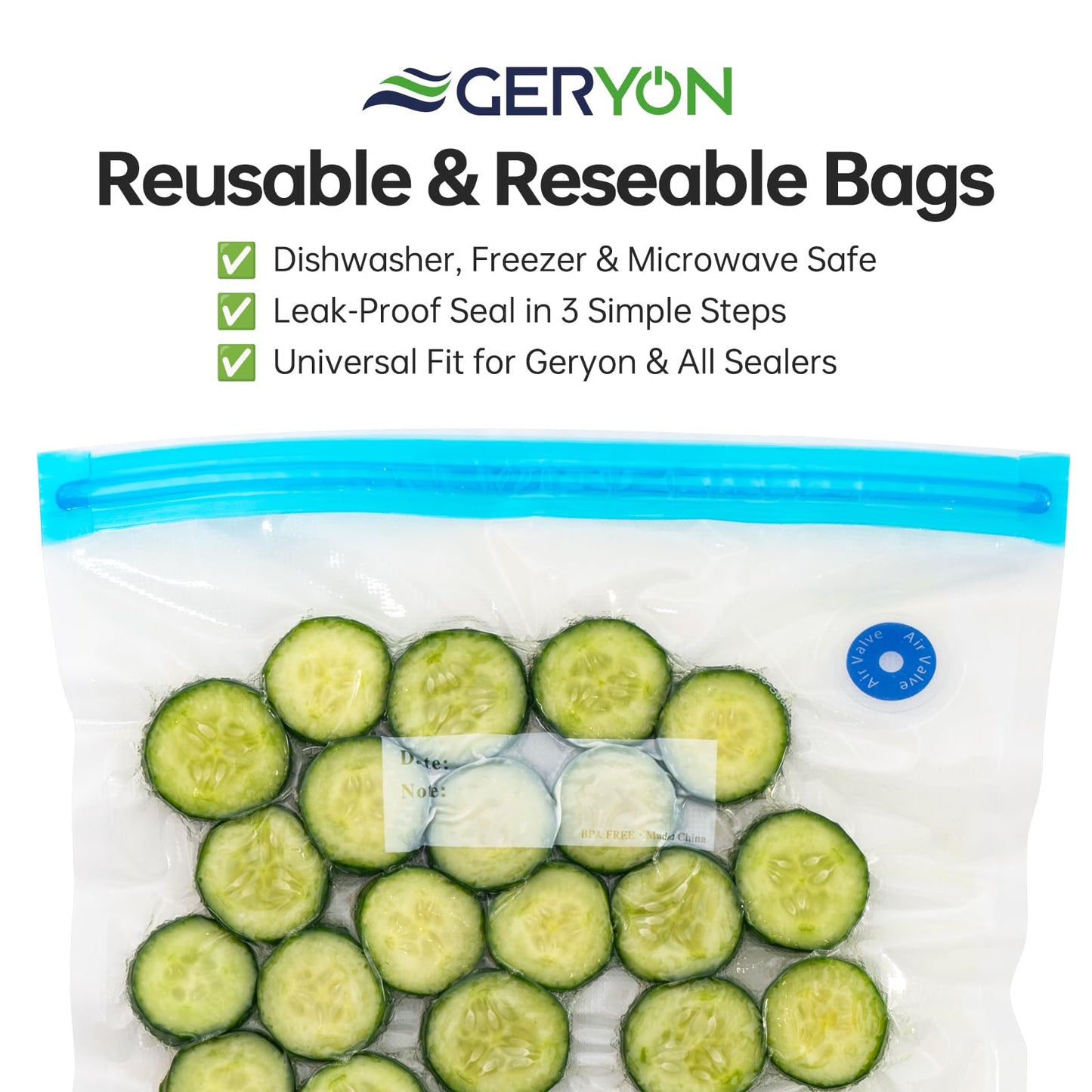 GERYON Vacuum Sealer Machine for Dry & Moist Food, Works with Reusable Vacuum Bags, Compact Design with LED Touch Controls, Includes Reusable Bags & Roll for Sous Vide & Freezer Storage