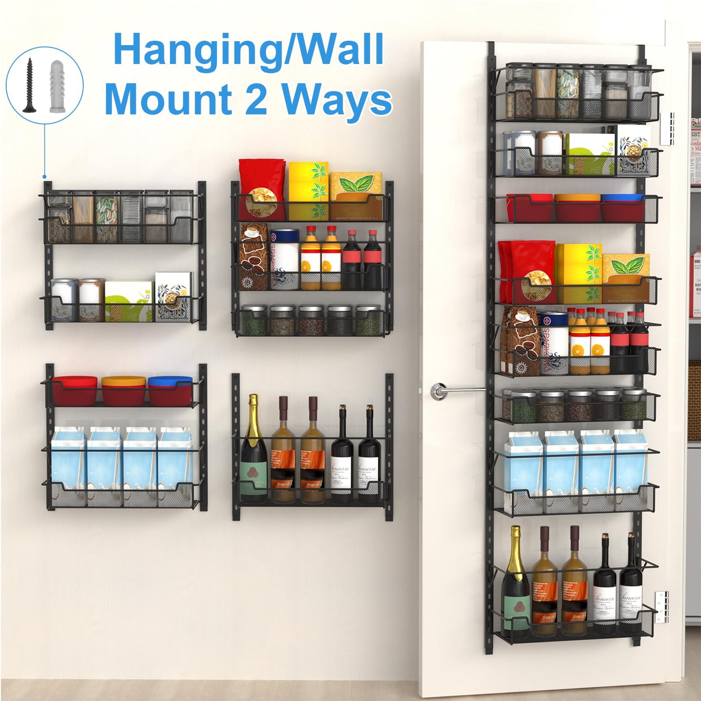 VyGrow Over the Door Pantry Organizer, 8-Tier Over the Door Organizer with Adjustable Basket, Pantry Door Organization for Pantry Kitchen Storage Room Spice Rack, Black