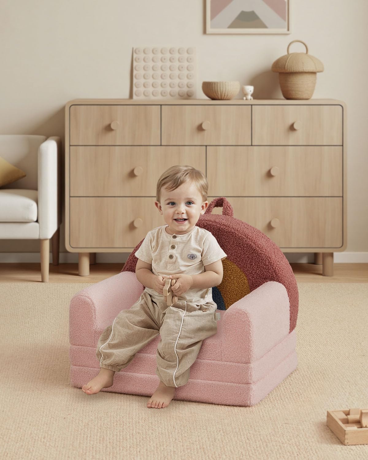 Blissful Diary Foldable Toddler Couch, 2-in-1 Comfy Toddler Chair & Lounger for Reading, Playroom, Kids Couch Sofa for Girls Boys Birthday Gift, Blush Rainbow