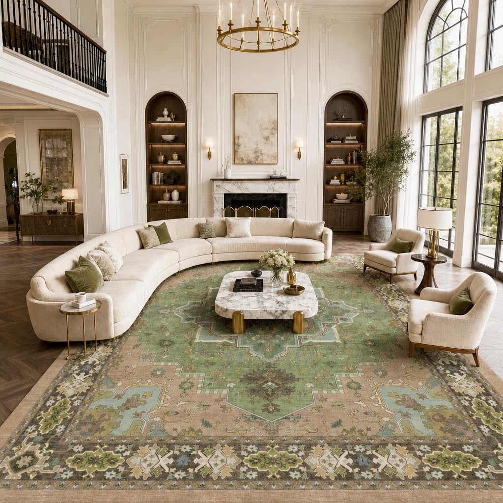 AMADA HOMEFURNISHING 8x10 Area Rug for Living Room, Vintage Washable Area Rug Low-Pile & Non-Slip Carpet for Bedroom Dining Room Nursery Home Office, Green