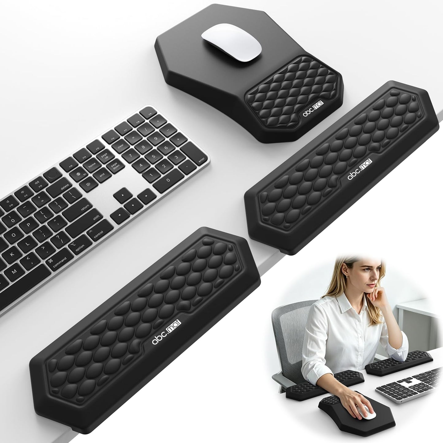 2-in-1 L-Shaped Desk Elbow Pads, Ergonomic Desk Edge Cushion & Mouse Pad Set with Wrist Rest, Soft Memory Foam Comfort Support for Wrist Arm Elbow, Non-Slip Base, Black