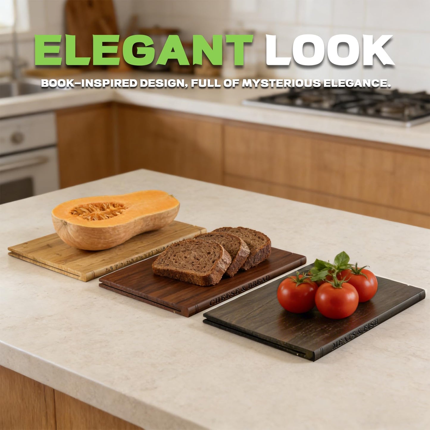 Premium Book Cutting Board Set – Crafted from 100% Black Walnut, Sapele, and Bamboo A Stylish Base With Cartoon Designs | Decorative and Functional Kitchen Essential（Walnut, Sapele, Bamboo）