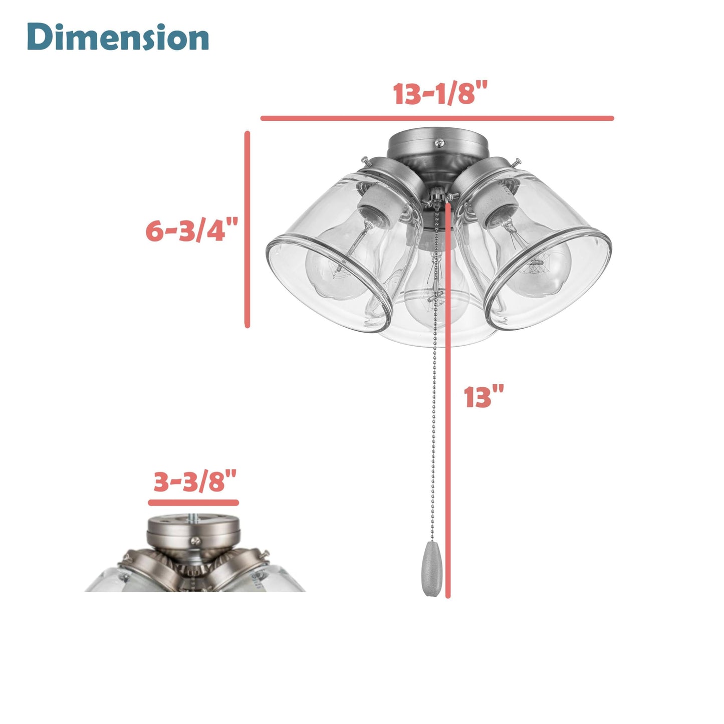 Aspen Creative 22013-1, Three-Light Ceiling Fan Light Kit with Pull Chain, Matte White Finish with Clear Glass Shades, 13-1/8" Diameter x 6-3/4" Height