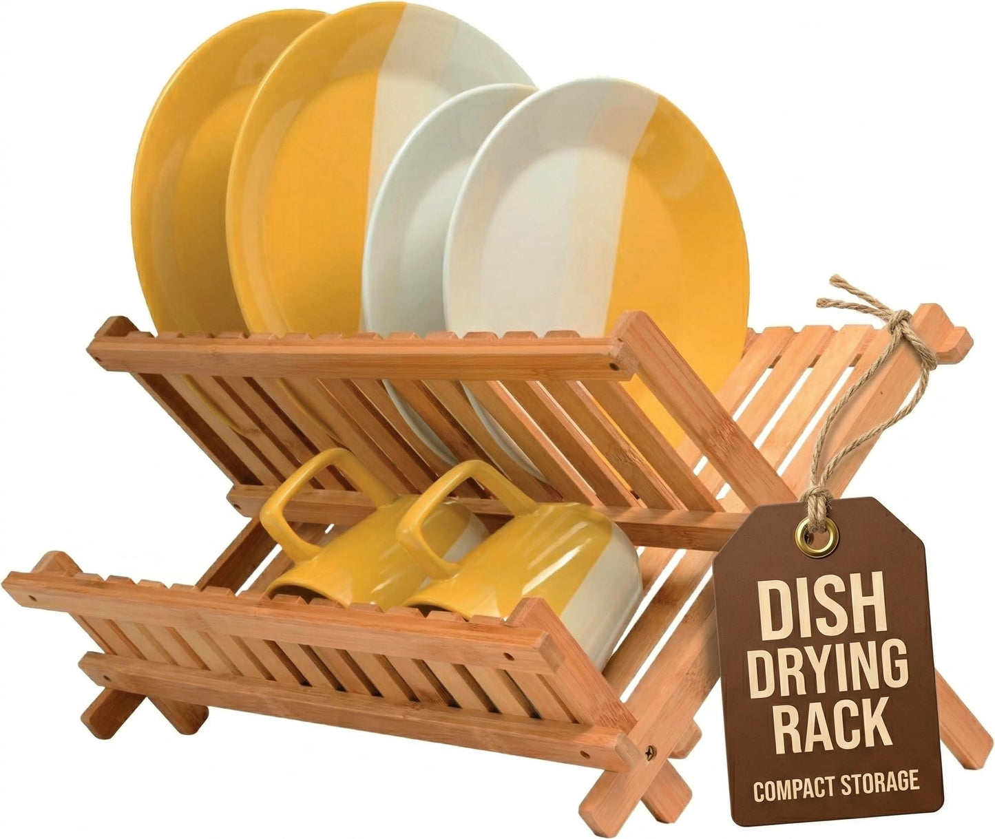 Bambüsi Dish Drying Rack - Collapsible Bamboo 2 Tier Foldable Wooden Dish Drainer for Countertop, Plates Cups Bowls Utensils - Eco Friendly Folding Bamboo Dish Rack for Kitchen Apartment RV Home Small