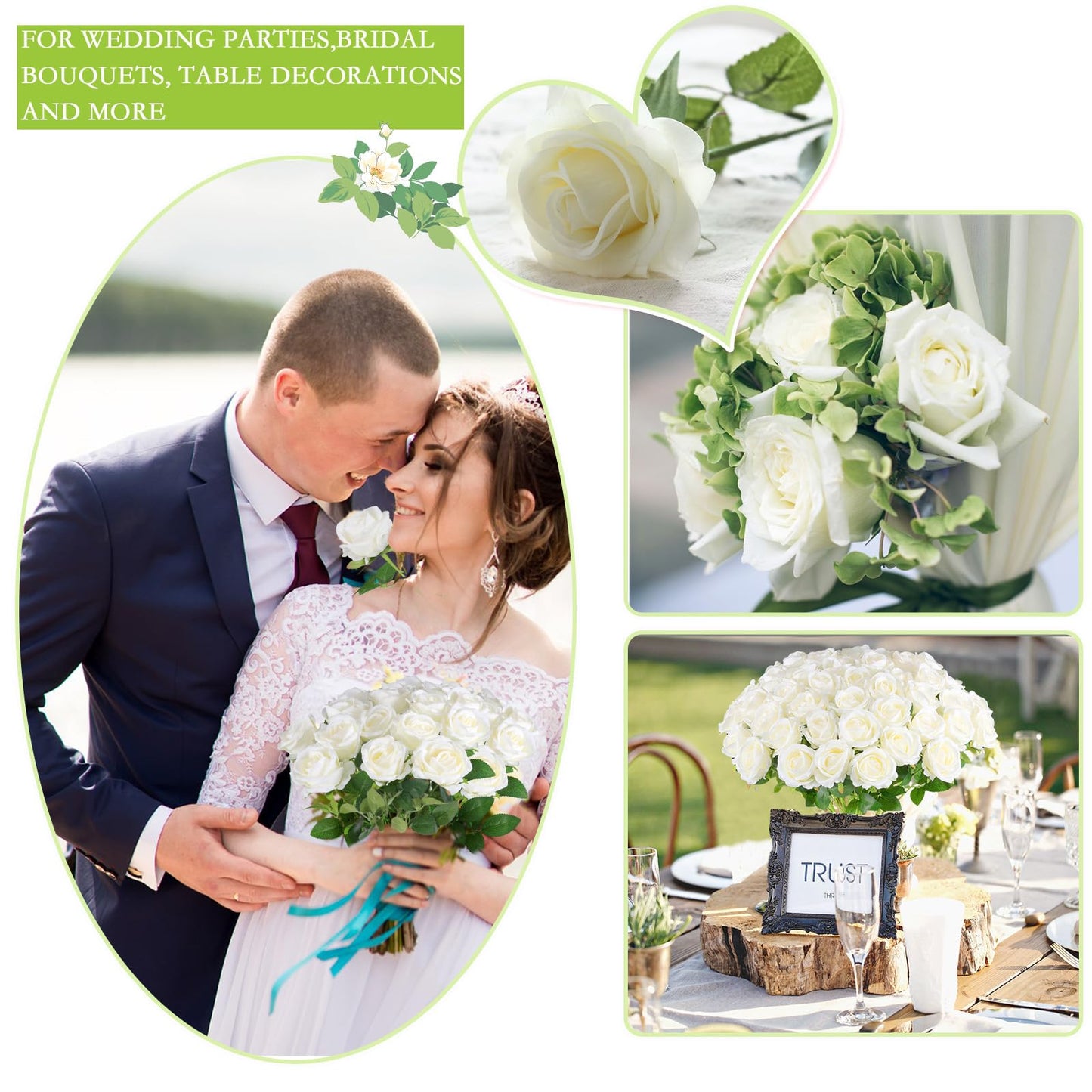 Hananona Artificial Roses in Bulk, Fake Velvet Silk Roses Realistic Rose for Wedding Centerpieces Flower Arrangement Home Decor (50, White)