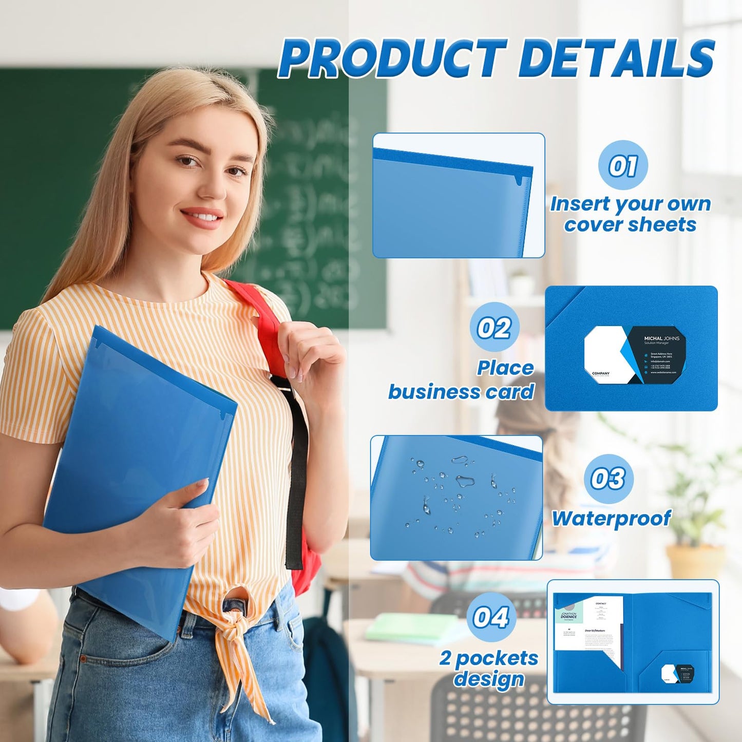Henoyso 60 Pack Plastic Folders with Clear Front Pockets Bulk Heavy Duty File Folders with 2 Pockets and Card Slot for Student Teacher Back to School Supplies Office Presentation (Blue)