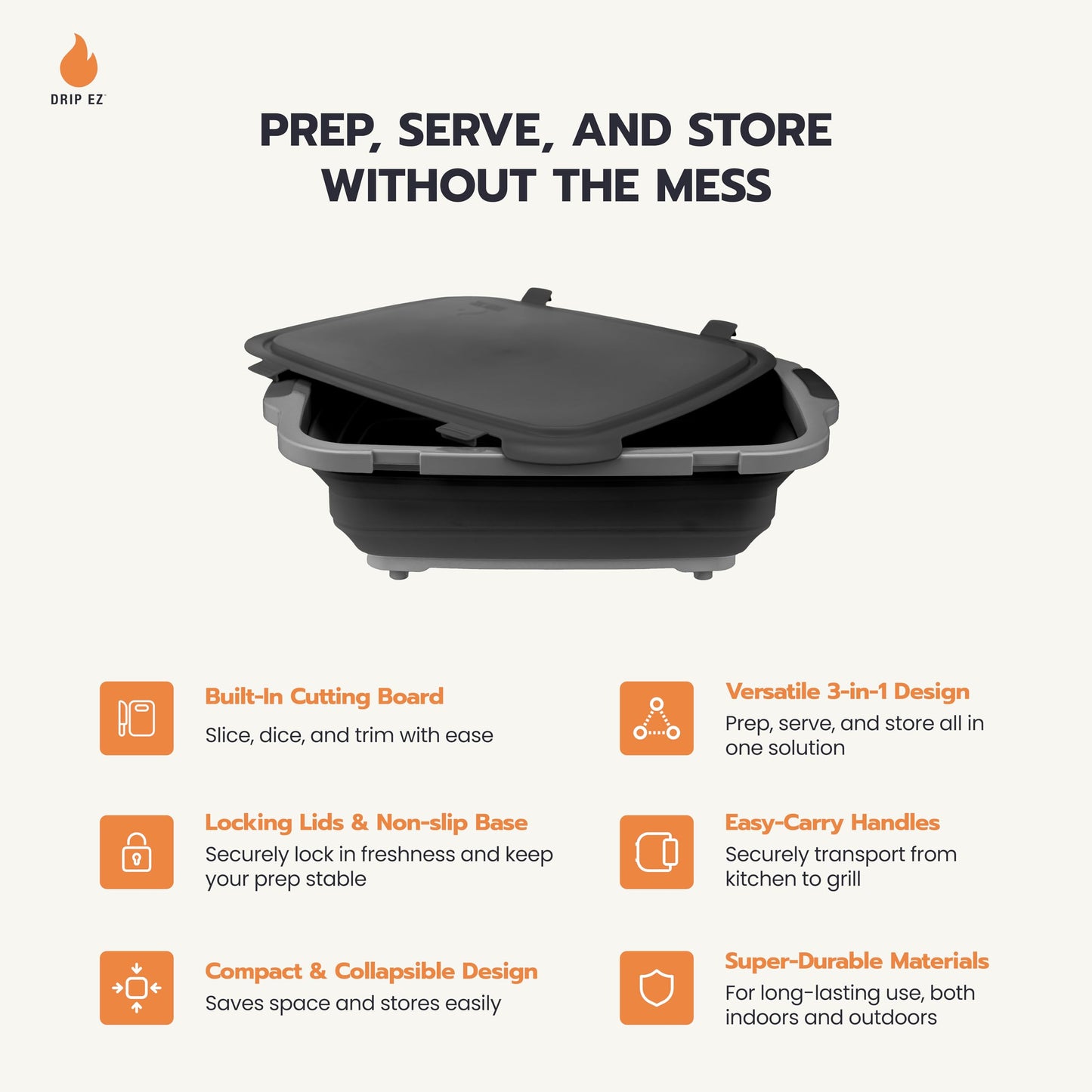 Drip EZ Collapsible BBQ Prep Tub - For Meal Prep Marinating Food Storage - Includes Cutting Board & Locking Lid - (1) OG - Green