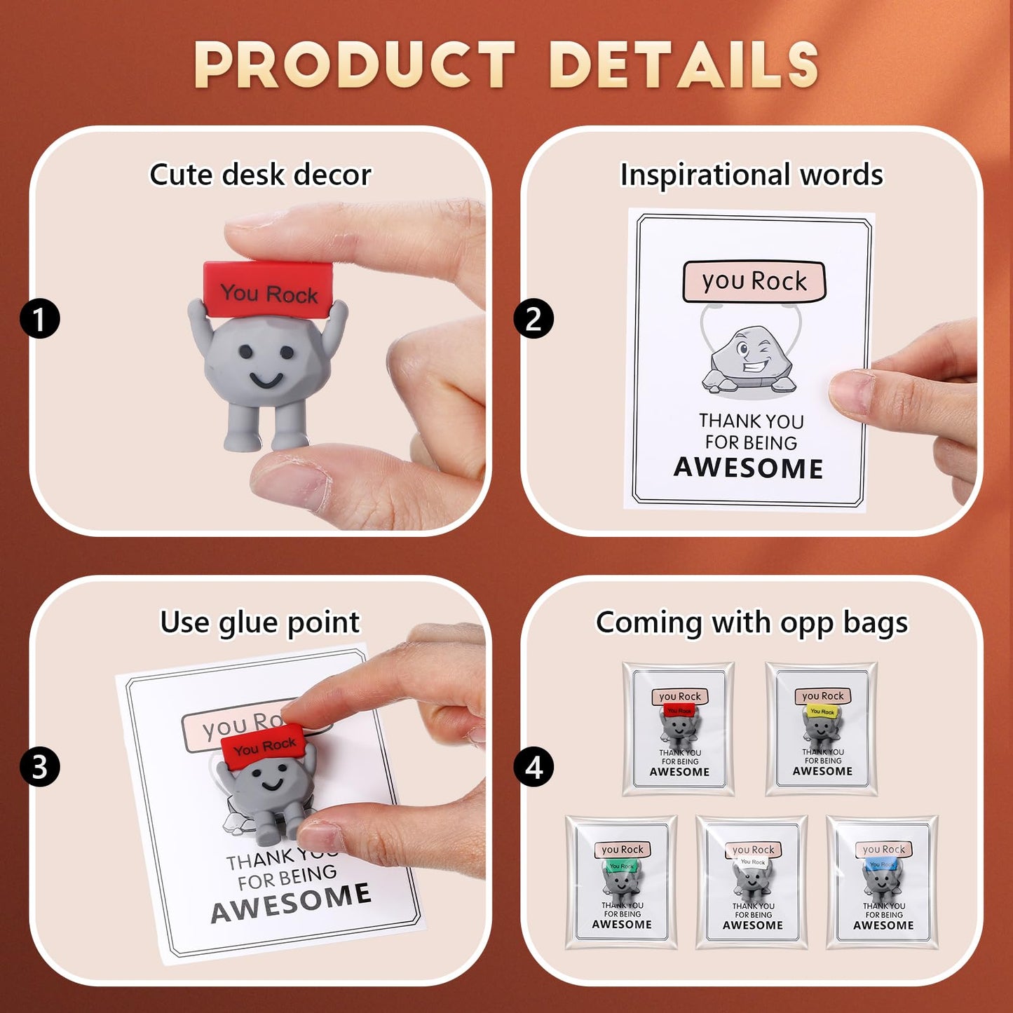 Gejoy 50 Set Mini Rock Figurines Gifts Miniature Positive Party Favors Emotional Support Mini Rubber Toys with Inspirational Card Bag Small Animal Statue for Colleague Staff Coworker Gifts