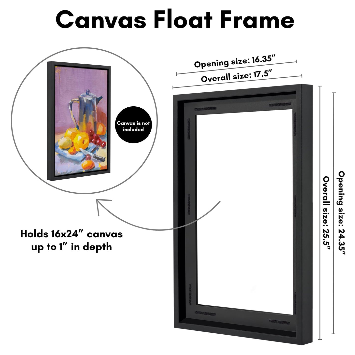Americanflat 16x24 Canvas Floating Frame with Adhesive Strips Included - Vertical and Horizontal Floating Frame for Artwork - Canvas Frames for Wall Display - Black