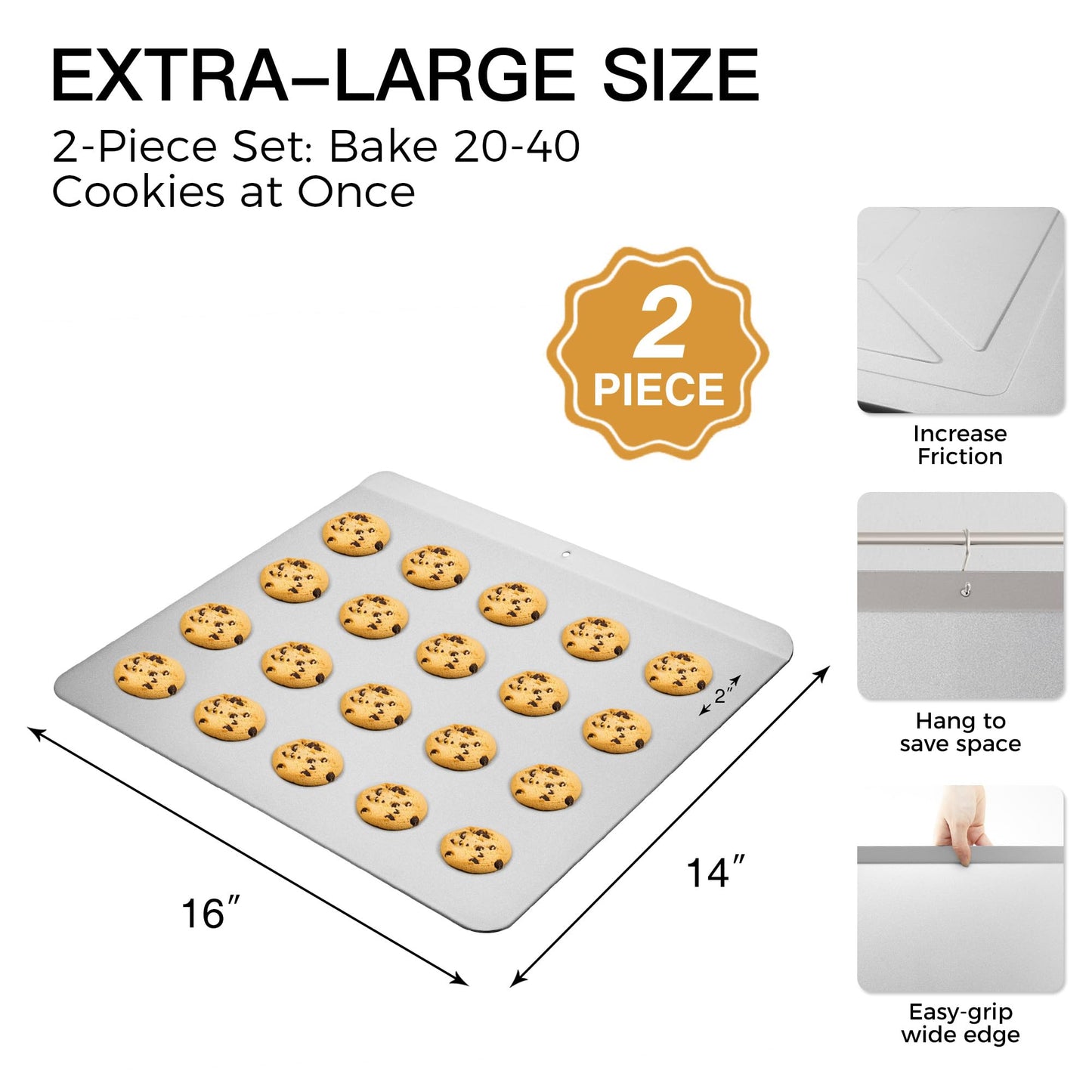 HONGBAKE 2 Pieces Large Flat Cookie Sheet No Edges, Nonstick Insulated Baking Pan, Commercial Oven Trays for Cooking, 16" X 14", Grey