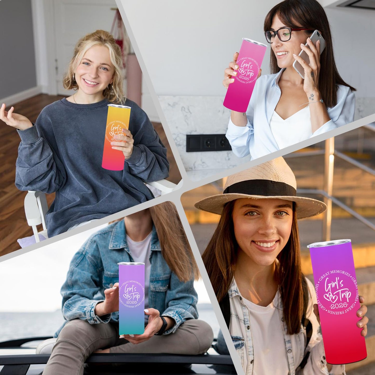 BQXH 4 PCS 2026 Girls Trip 20oz Stainless Steel Tumbler, Girls Trip Gifts Favors Straight Skinny Coffee Mug, Insulated Tumblers Cups Weekend Gifts for Friendship Vacation Bachelorette Party