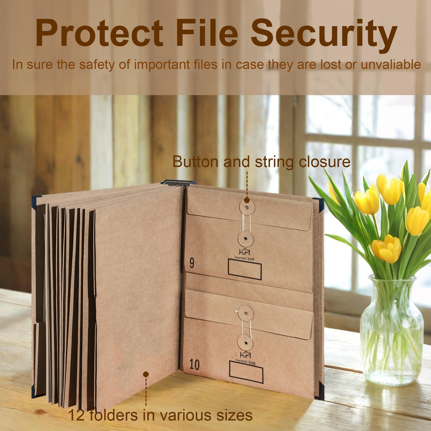 Keenmark Home Upgraded Important Document Organizer, Enlarged File Folder Organizer with 12 Pockets, Expandable File Organizer for Home Records, Legal and Medical Papers (Brown)