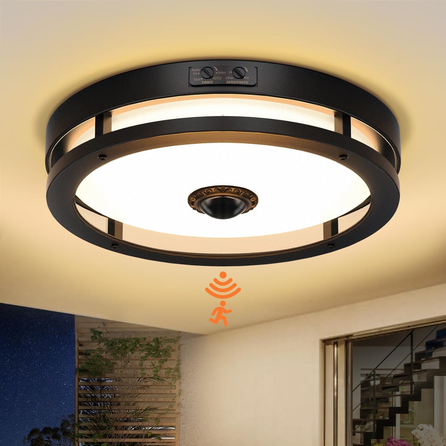 Slypadan Outdoor Motion Sensor Flush Mount Ceiling Light, 12" Dusk to Dawn Porch Modern Black Exterior Light, Ceiling Light Fixture 2 Pack for Patio, Garage, Entry