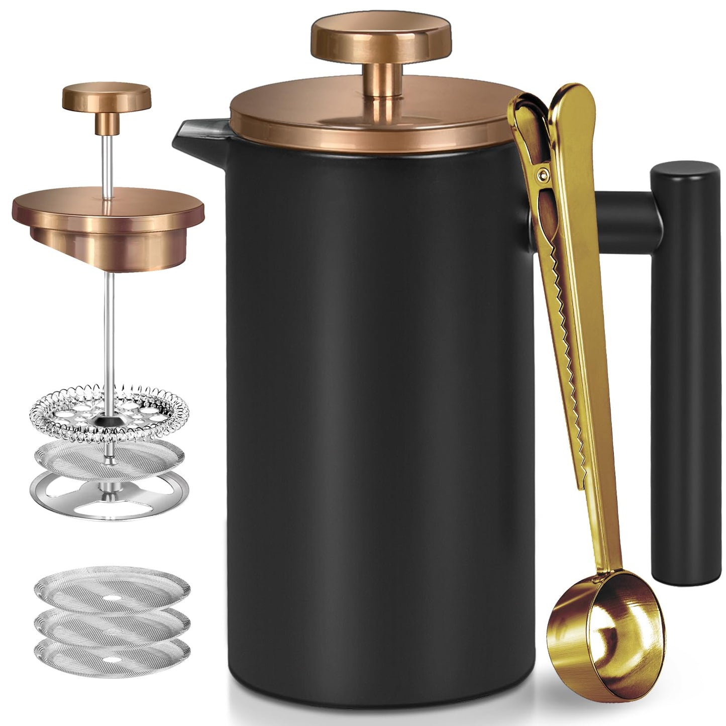 WORBIC Black Large French Press Coffee Maker 50oz, Double Wall Insulated French Press Stainless Steel,for Coffee&Tea,with 3 Extra Screens and a Coffee Spoon, 50oz/1500ml, Gold