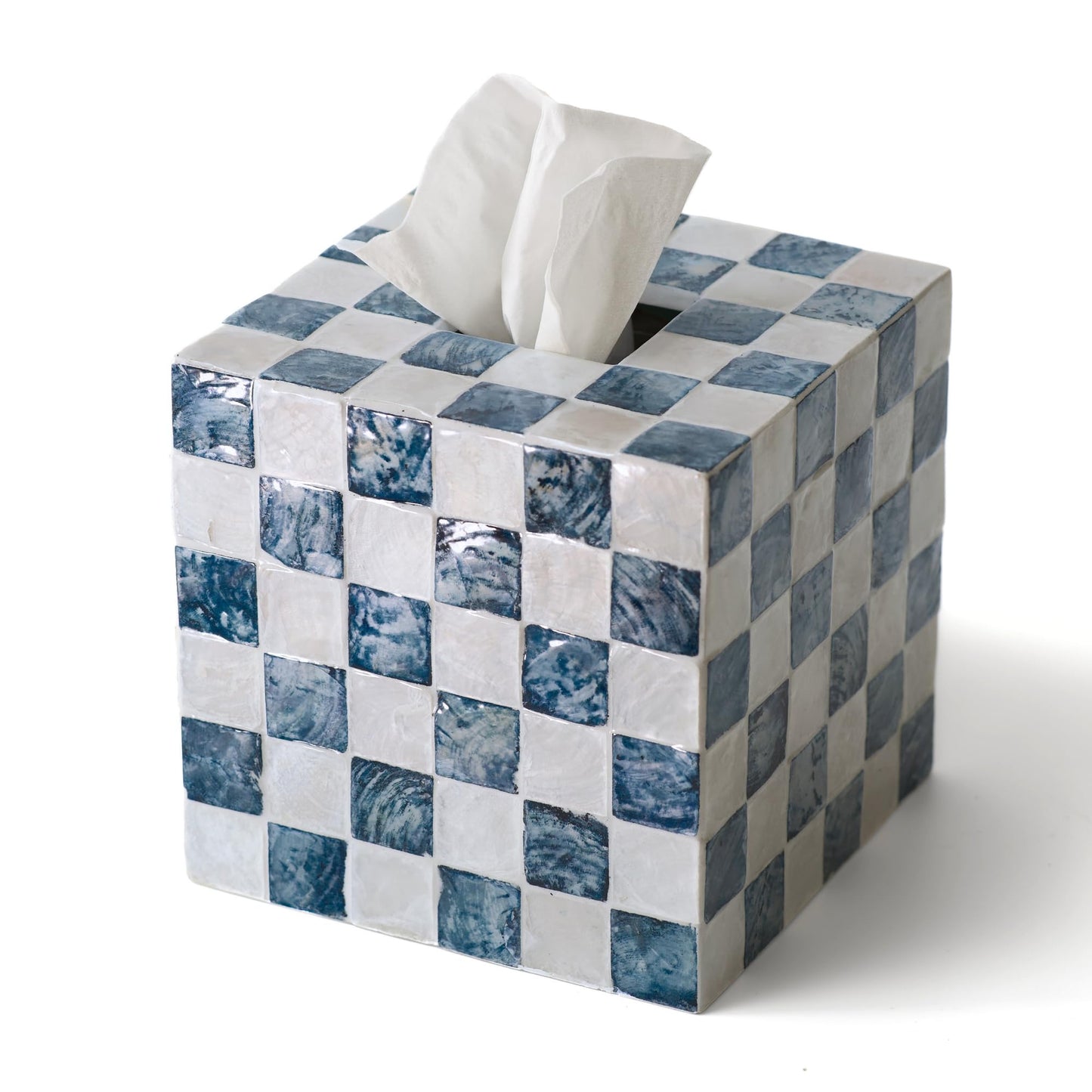 CHI AN HOME 5.7" Square Tissue Box Cover, Handmade Checkered Cube Tissue Box Cover with Capiz Shells, Decorative Mother of Pearl Tissue Holder for Living Room, Bathroom, Bedroom or Office (Navy Blue)