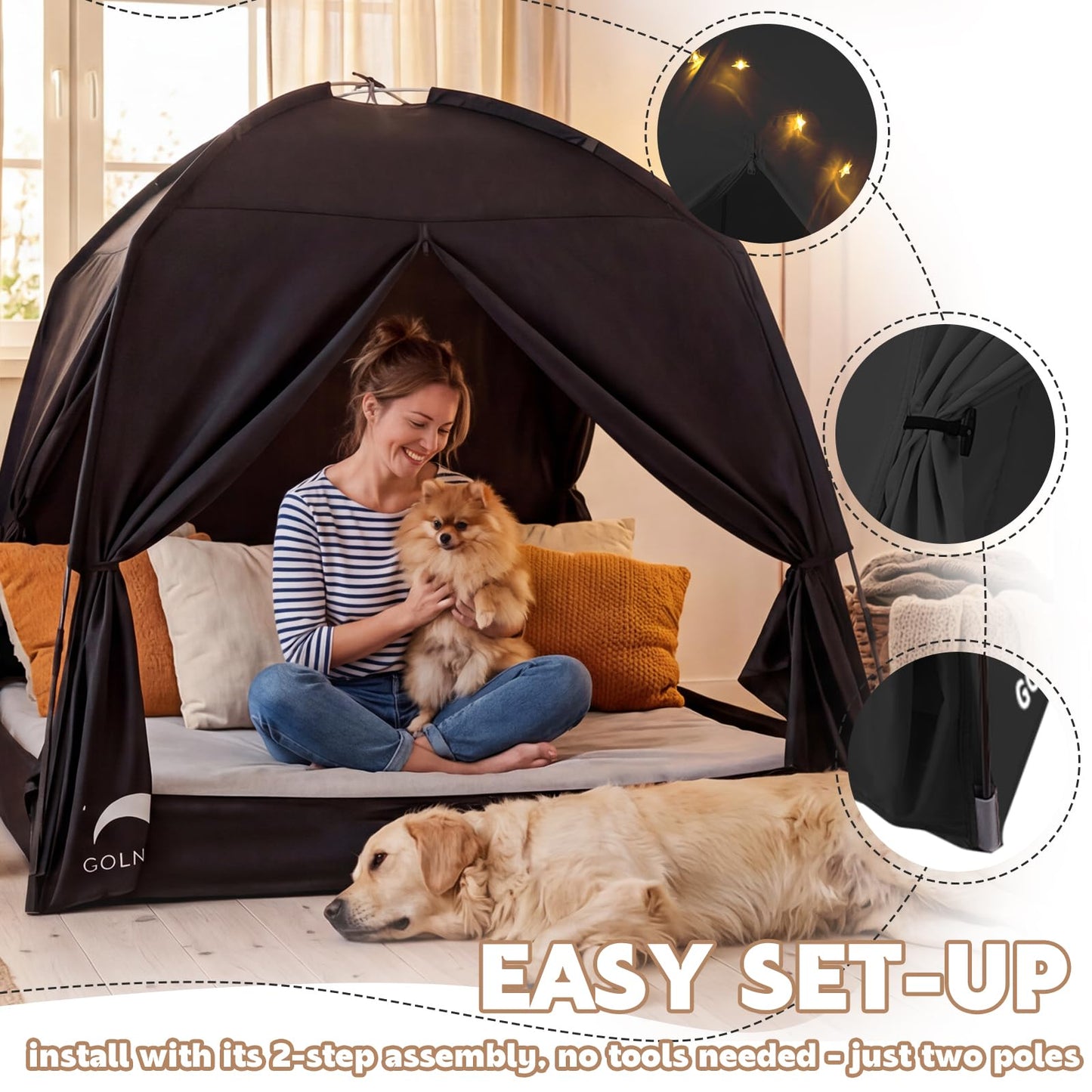 Bed Tents for Kids and Adult, Portable 100% Breathable and 93% Blackout Toddler Dream Play Tent, 3 Doors Big Privacy Space Sleeping Canopy for Floor or Twin Full Queen Sizes Bed (Black, Twin-Size)