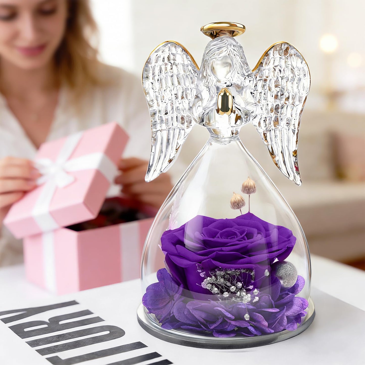 Yamonic Mom Birthday Gifts for Mom Grandma, Angel Figurines with Real Rose Gifts for Women Moms, Preserved Flowers Rose Glass Angel for Mothers Day Christmas Valentine's Day Gifts for Her(Purple)
