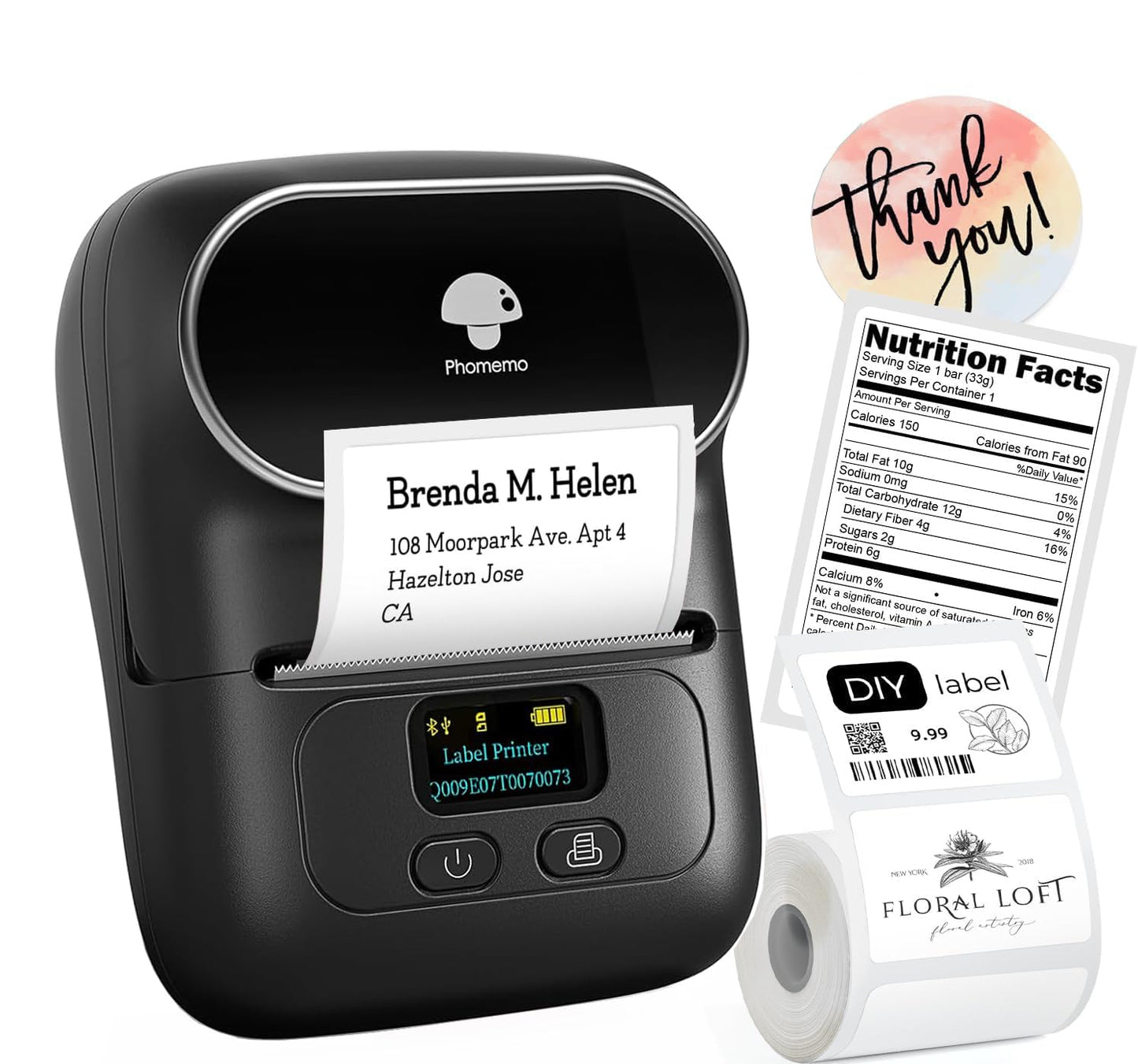 Phomemo Label Printer M110 Upgraded Label Maker Bluetooth No Ink Portable for Small Business, Address, Office, Home for Phone; for PC/Mac(USB), with 100 Labels, Ebony Black