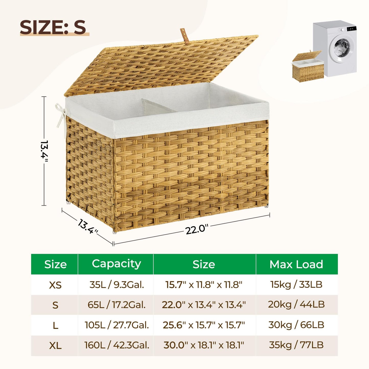 GREENSTELL Storage Basket with Lid, 17.2 Gallon(65L) Small Wicker Blanket Storage Basket with Handles, Foldable, 2 Removable Liner Bags, Metal Frame, for Bedroom, Laundry Room, Natural