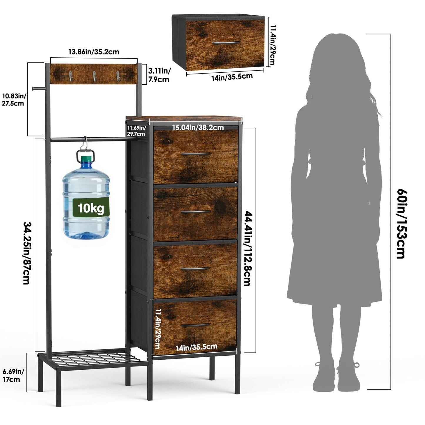 Lewondr Dresser with Hanging Rack and Storage Drawers, 4 Drawer Chest with Hooks and Hat Rack, Rustic Entryway Organizer for Accessories, Brown Wood Finish