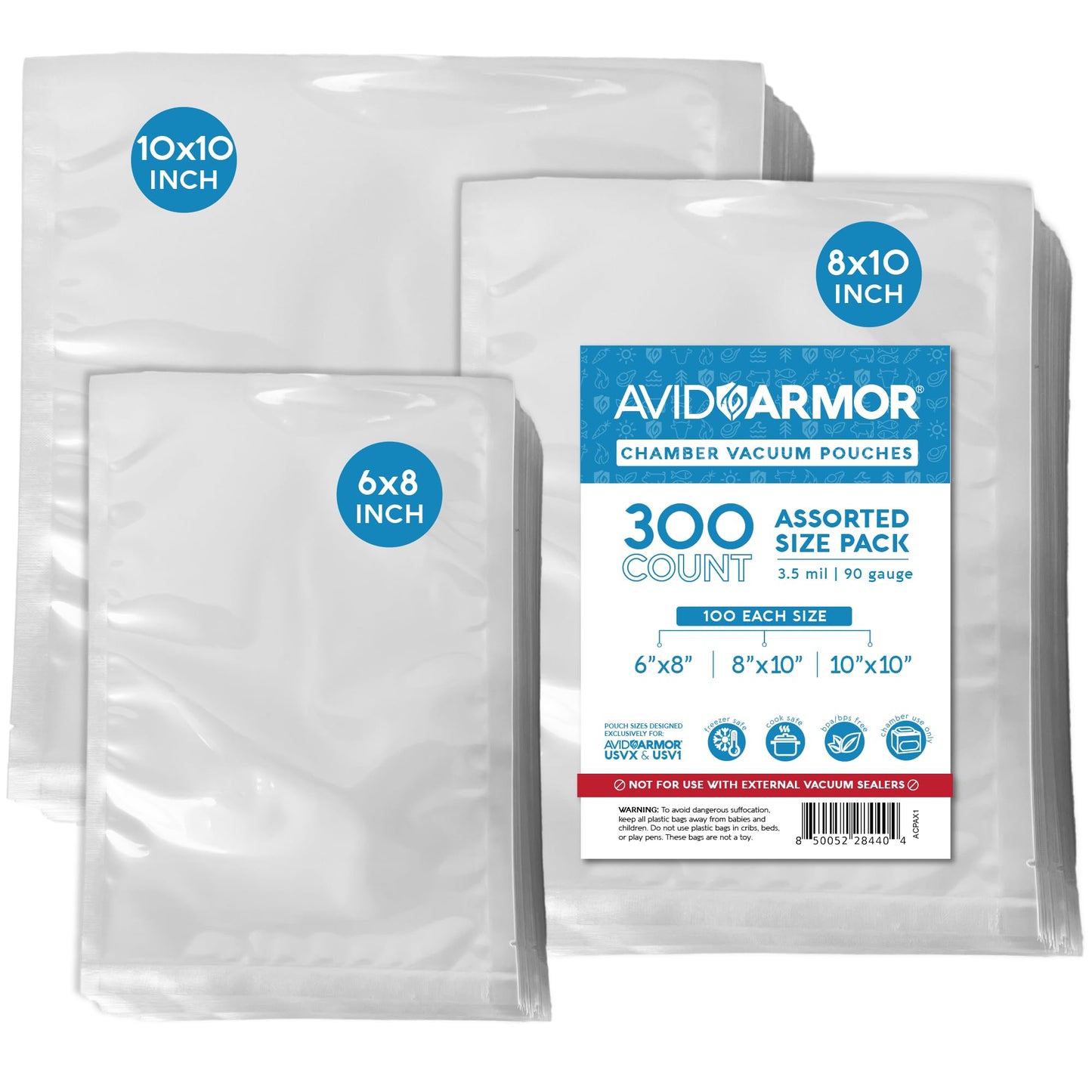 Avid Armor Chamber Vacuum Sealer Bags – 6x8", 8x10" & 10x10" – 300 Pack – Heavy Duty Commercial Grade, BPA-Free Pouches for Sous Vide, Food Preservation, Meat Storage, Freezing, and Long-Term Storage