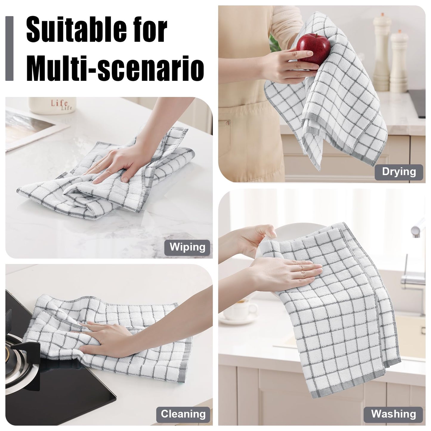 Homaxy Premium Kitchen Towels(16”x 28”, 6 Pack), Large Ring Spun Cotton Dish Towels, Super Absorbent Soft Terry Kitchen Hand Towels, Check Design Tea Towel Set with Hanging Loop, Grey