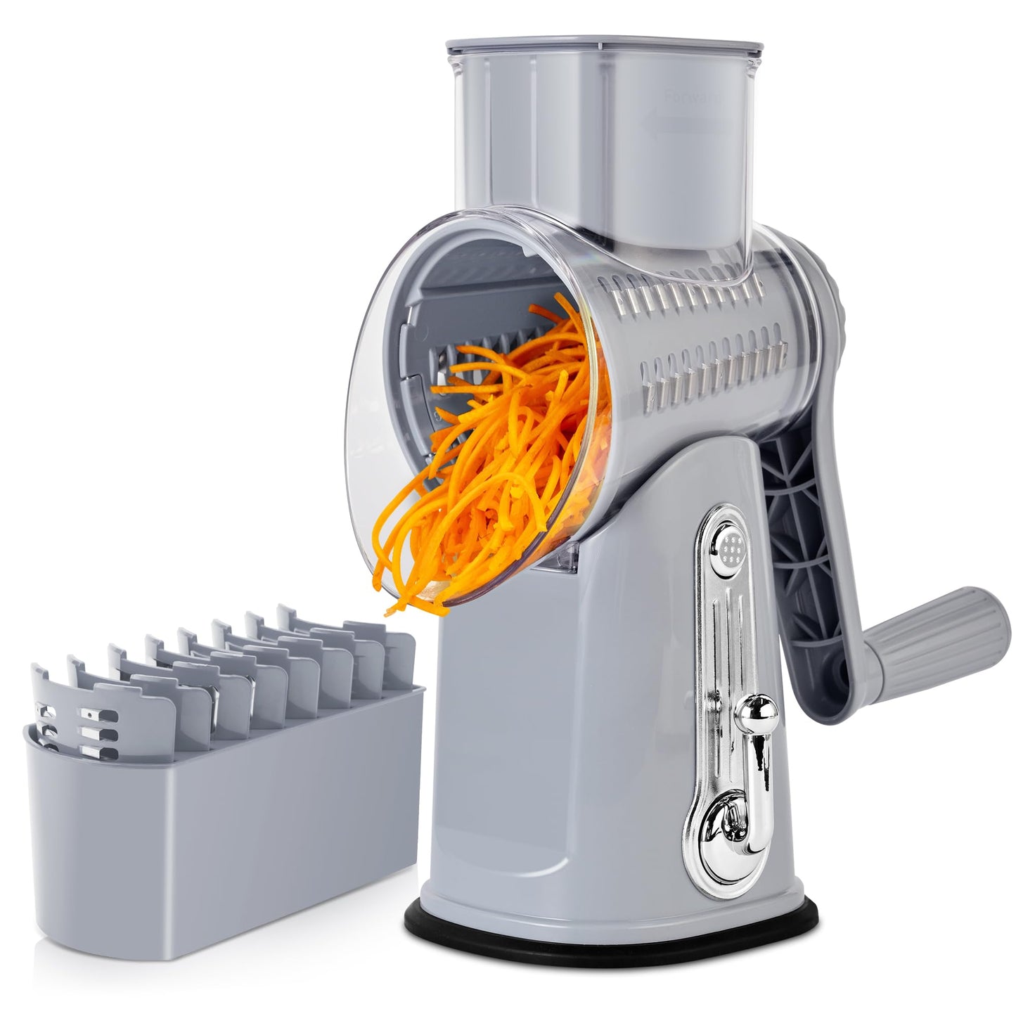 SUSTEAS Rotary Cheese Grater with Handle - Vegetable Shredder with 5 Well-designed Blades & Strong Suction Base,Round Mandoline Slicer & Food Chopper for Kitchen,with Blade Storage Box(Gray)