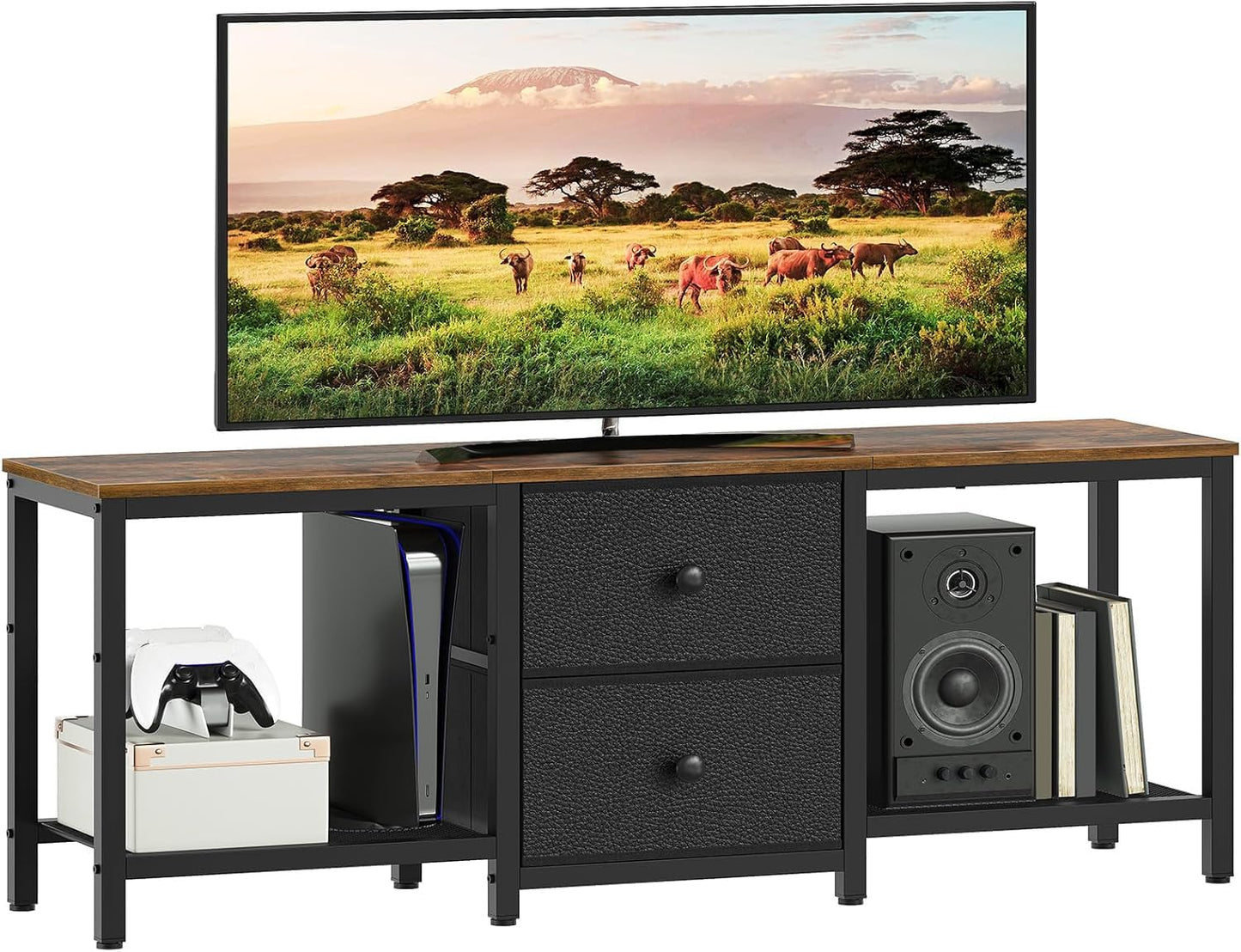 YATINEY TV Stand for TVs up to 55", Entertainment Center with 2 Fabric Drawer, Media Console with Shelves, Television Stands for Living Room, Bedroom, Rustic Brown and Black DS02BR