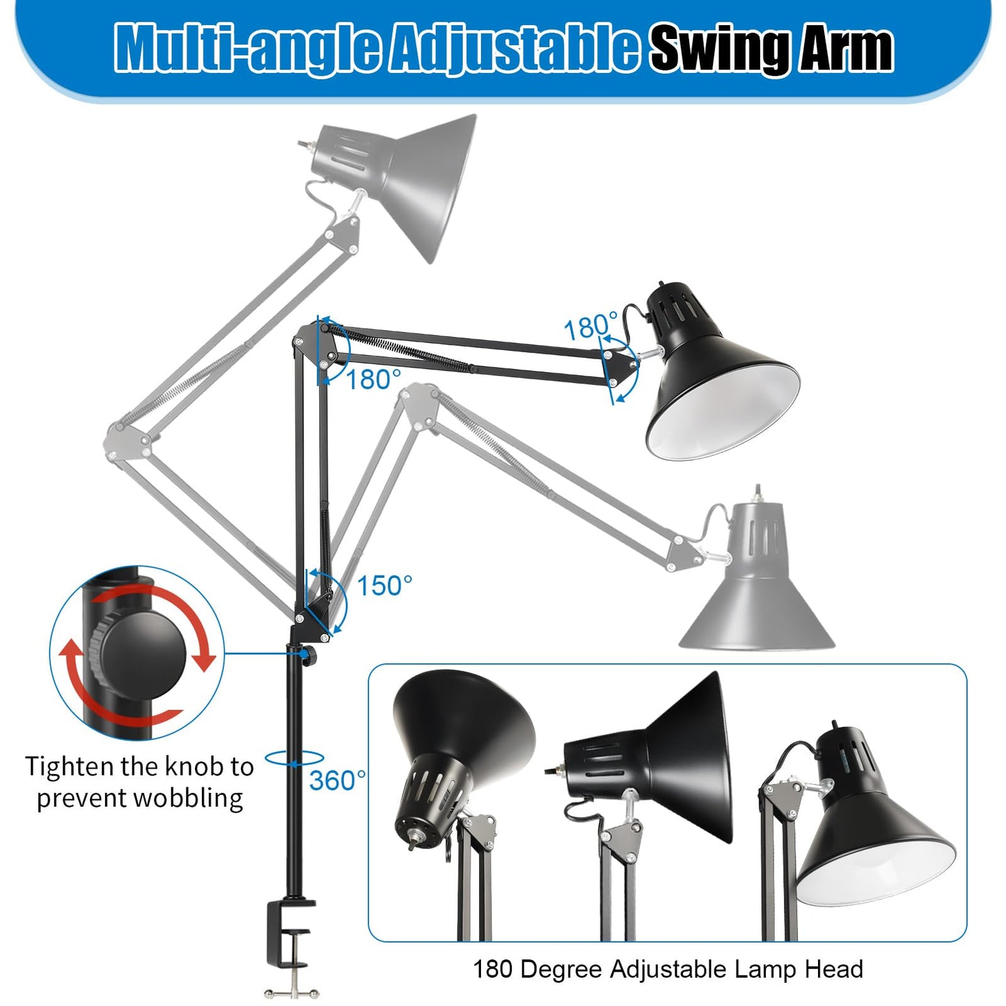 DXOVEEN LED Clamp on Desk Lamp,360°Adjustable Swing Arm Desk Lamp,Clamp Light with Eye-Caring LED Bulb for Home Office Reading Drafting