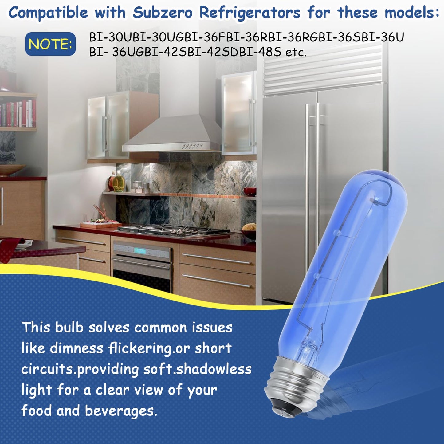 7006999 WLF7006999 Fits for Sub-Zero Compatible Blue Glass Refrigerator Light Bulb, E26 Base, 40W, A15 Shape For Replacement Light bulb 3030040 3030180 48709 7009935 110V-130V ﻿ (4 packs)