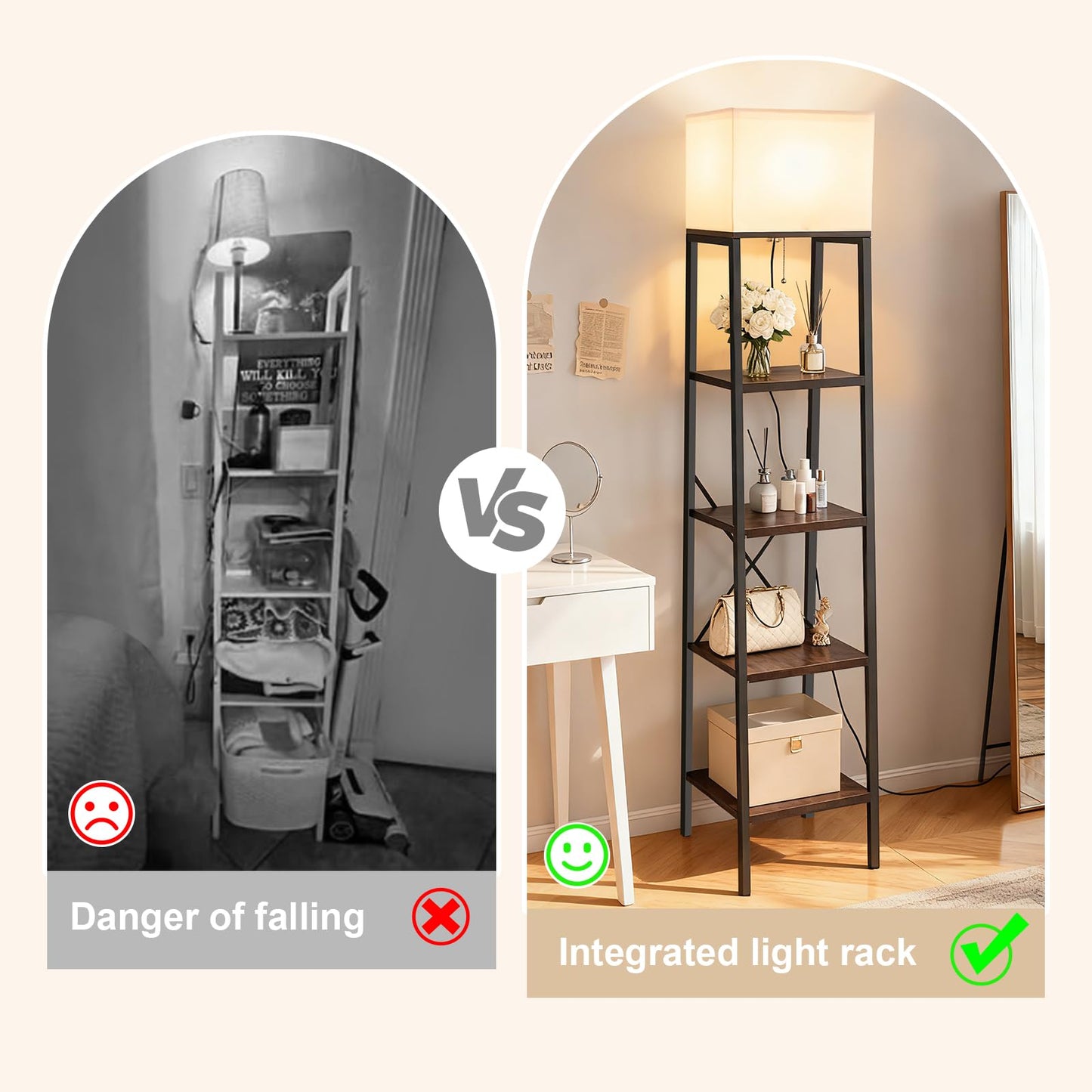 Jetfans Ladder Shelf with Lamp, 4-Tier Bookshelf Bookcase, Freestanding Corner Storage Shelve for Home Office, Living Room, Kitchen, Bedroom, Industrial, Rustic Brown