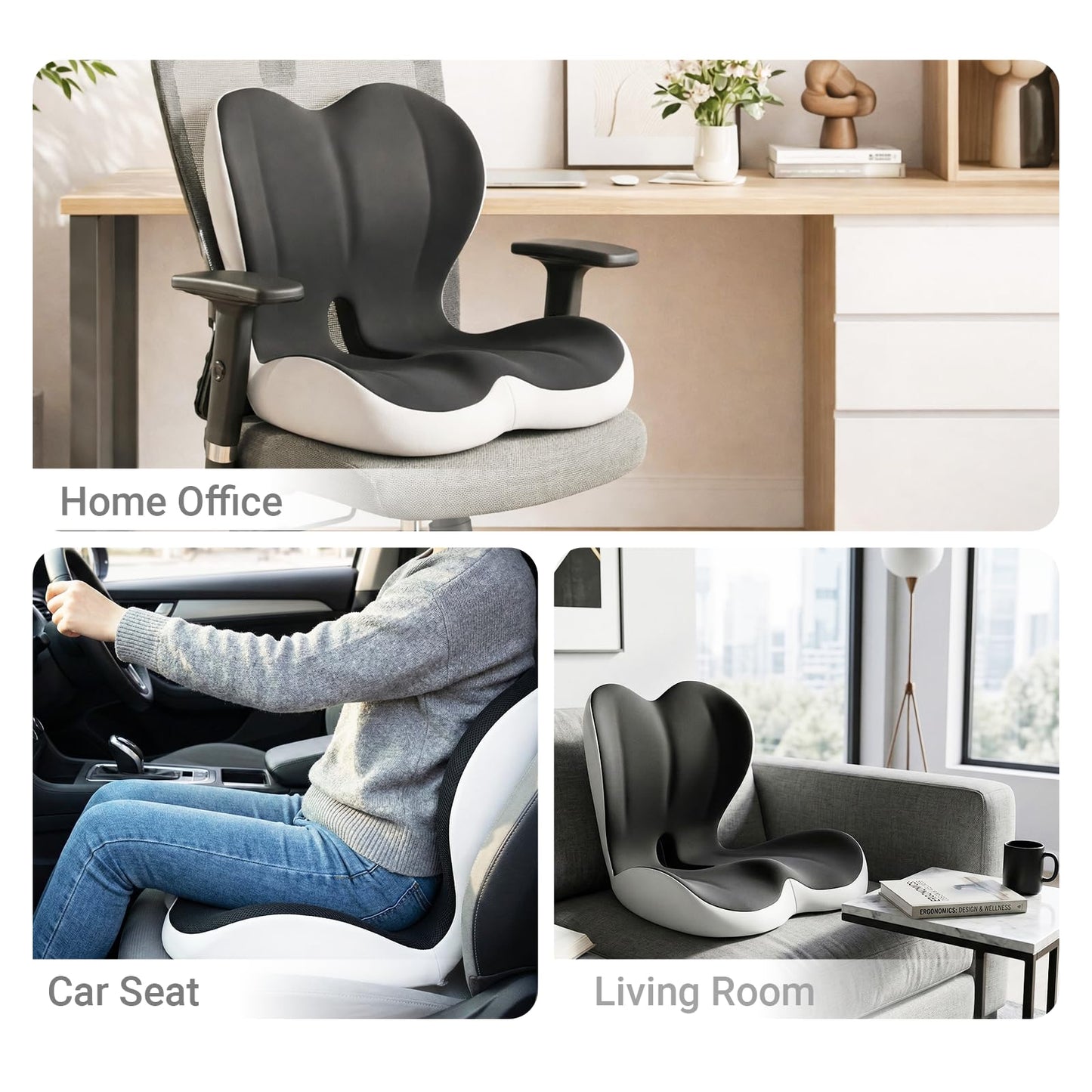 Ergonomic Seat Cushion Set with Lumbar Support Pillow, High-Density Memory Foam Cushion with Non-Slip Base, Posture Support Cushion for Office Chair, Home Chair, Car Seat (Dark Gray + Light Gray)