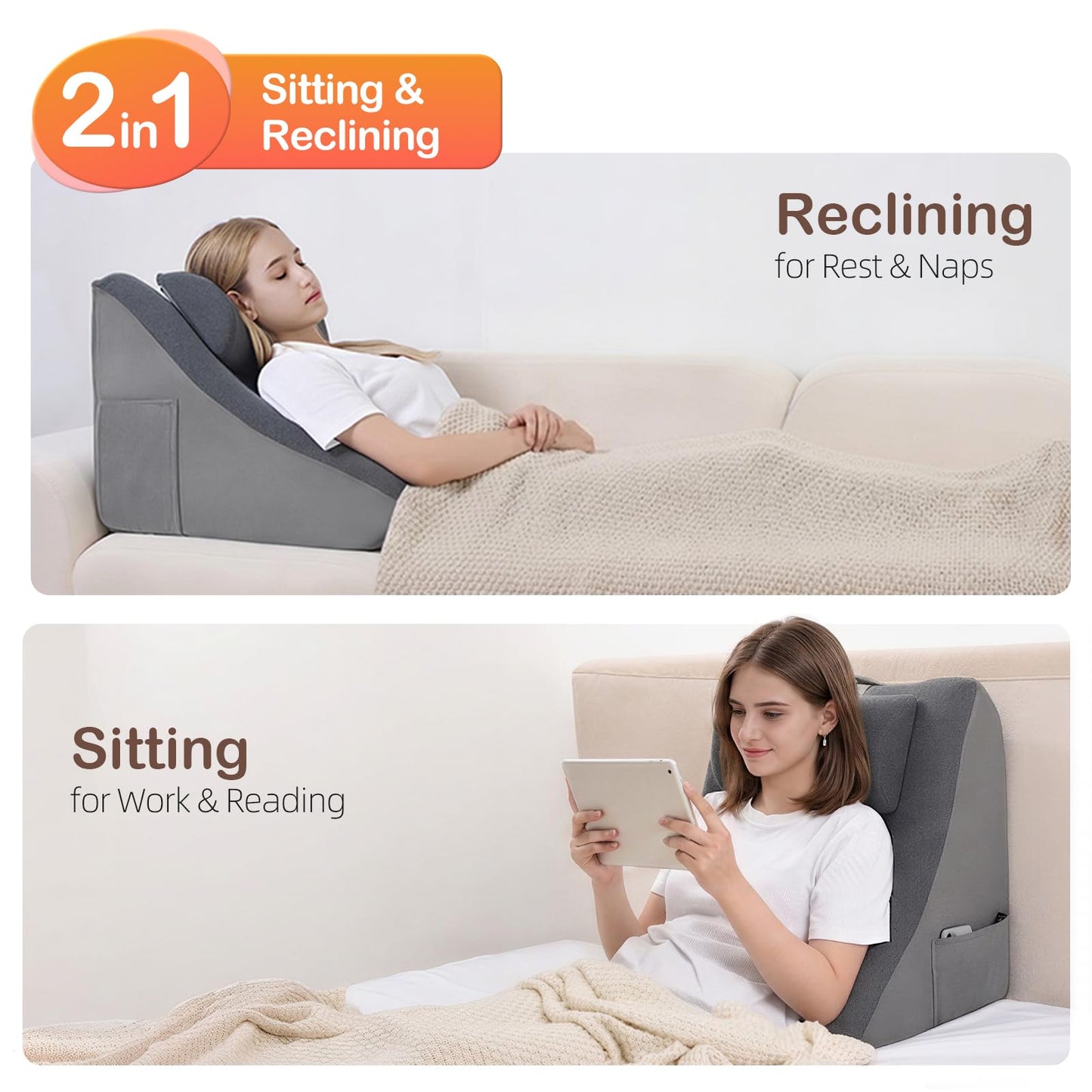 Vekkia 21” Extra-Wide Back Pillow with Adjustable Headrest – 2 in 1 Ergonomic Dual-Layer Wedge Backrest for Sitting or Reclining – Adults on Bed, Sofa & Floor, for Reading, TV & Gaming, Soft Cover