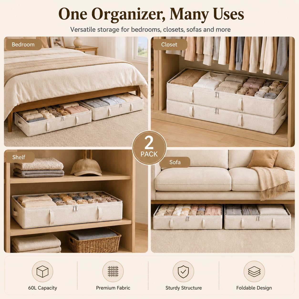Vailando Side-Supported Under Bed Storage Containers, 6 Inches Tall 60L Underbed Storage Bins with Sturdy Handles and Sidewalls, Closet Organizer for Clothes, Blankets, Seasonal Items, Beige, 2-Pack