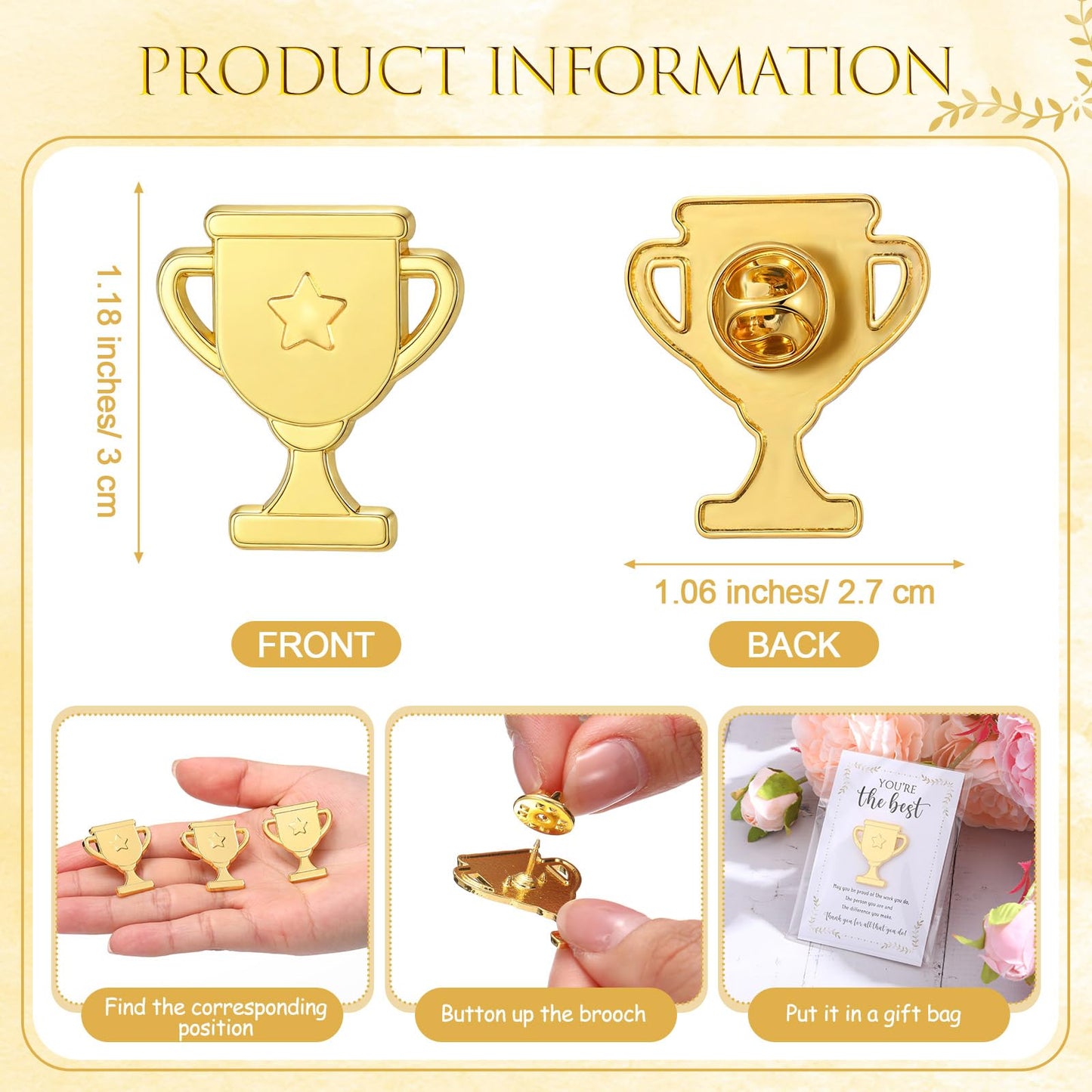 Juinte 60 Sets Employee Appreciation Gifts Bulk Trophy Pins with Thank You Cards Organza Bags Inspirational Appreciation Recognition Gift for Team Staff Student Teacher Nurse (Star)