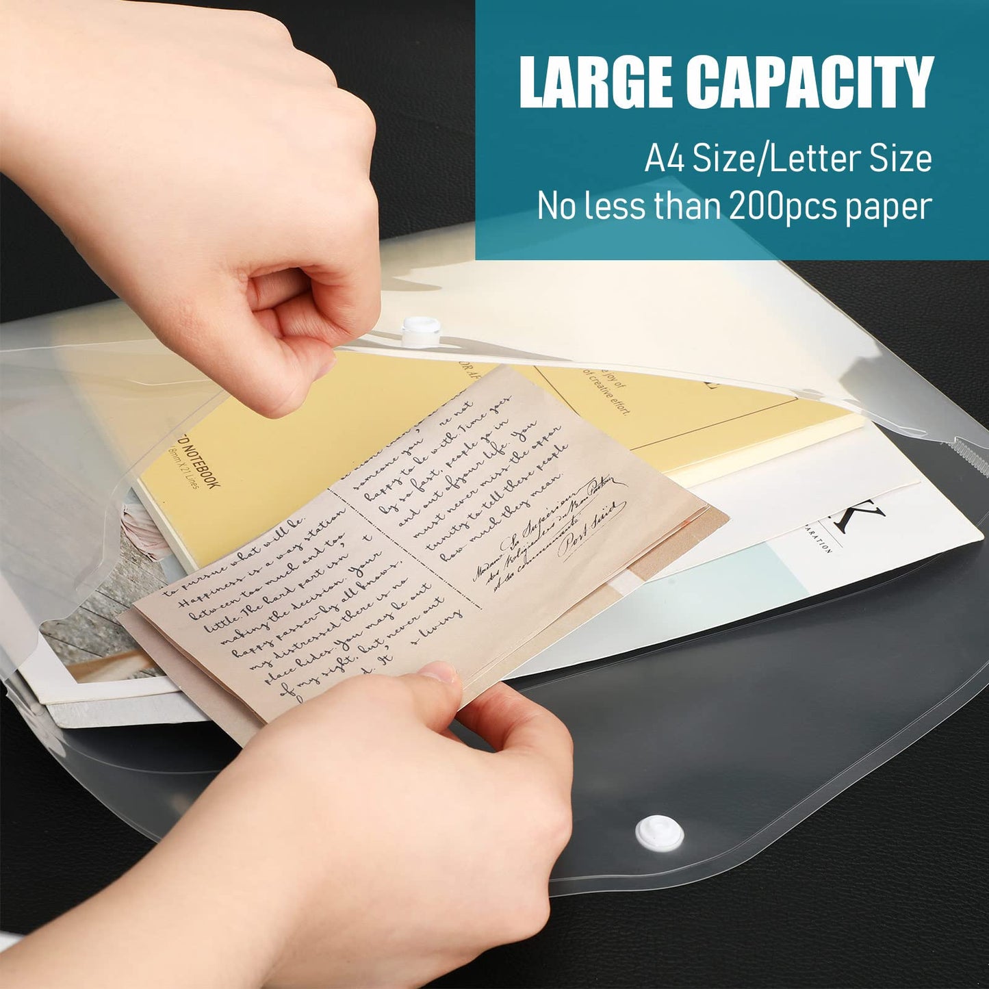 Zhehao 100 Pcs Clear Envelopes with Snap Button Closure A4 Letter Size Plastic Envelope Folder Poly Document File Folders for Home Office(Clear,Simple Style)