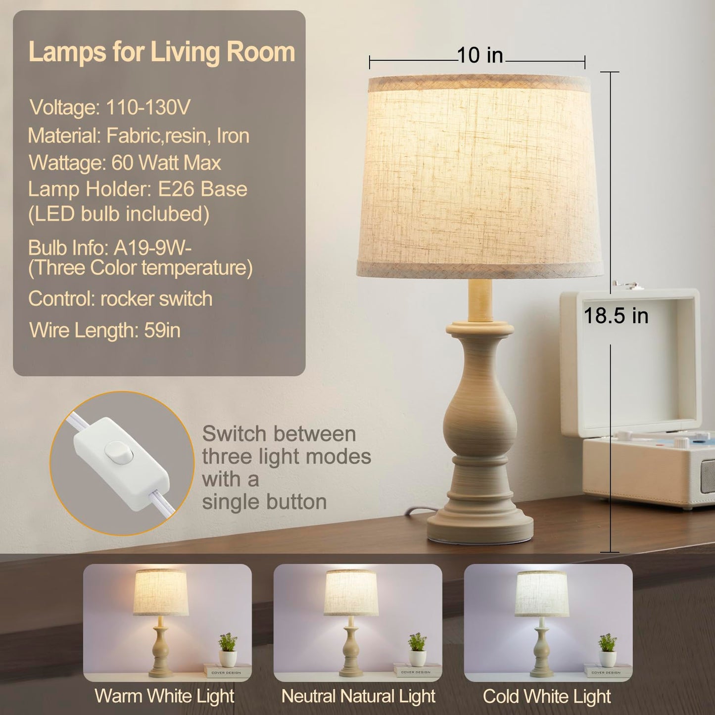 Hikczc Vintage Table Lamp for Living Room Bedroom, 18.5" Farmhouse Bedside Lamps Nightstand Lamp Set of 2, Table Lamps with Oatmeal Linen Lamp Shades, 2 LED Bulbs Included