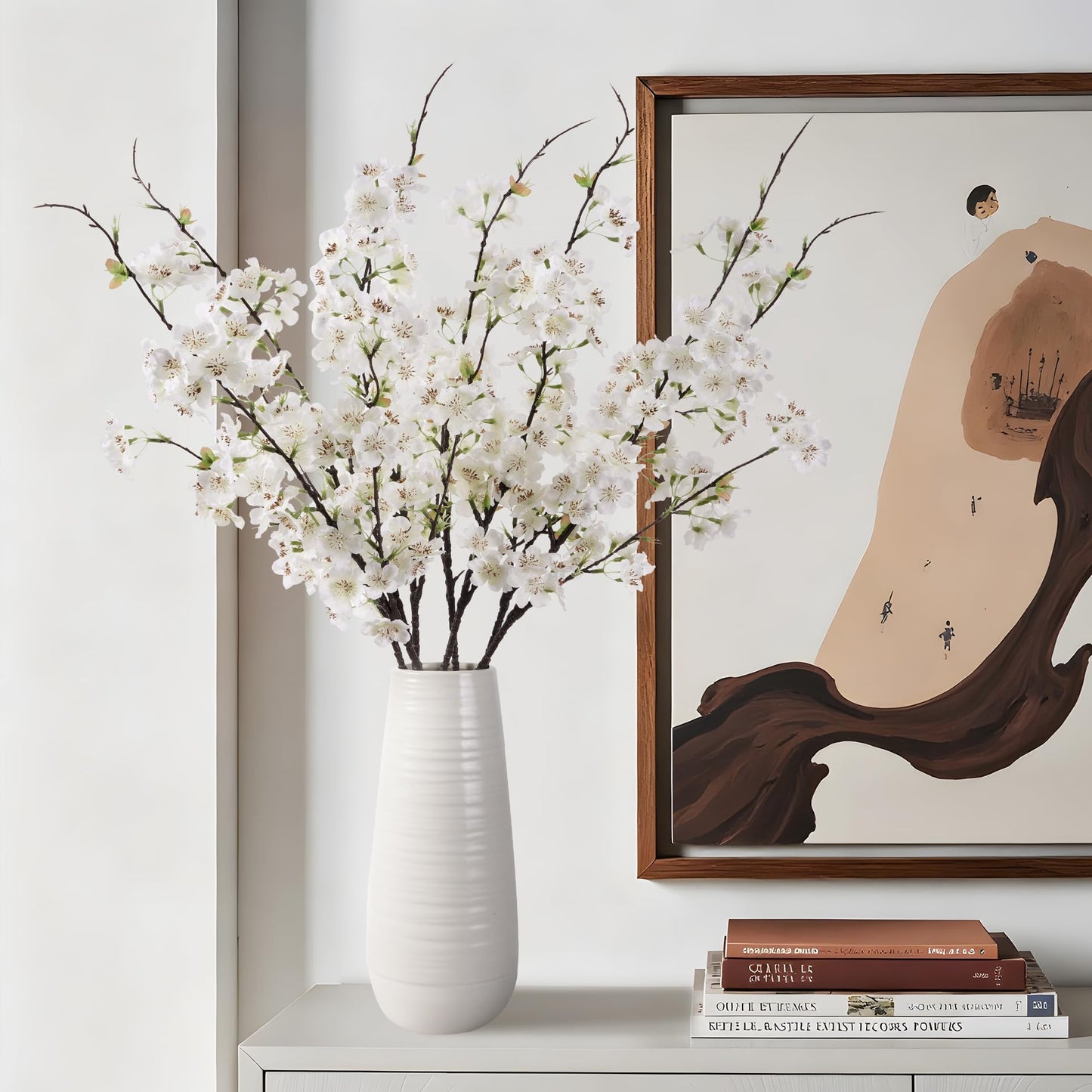 ENALGRE Artificial Cherry Blossom Branches 27.6In Silk Cherry Blossom Branches 8PCS Long Stem Artificial Flowers for Tall Vase, for Home Decorate, Weddings Decorate, Parties & Festival Gifts (White)