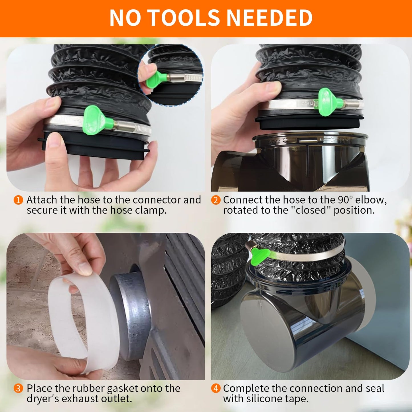 CAT SO RICH Dryer Vent Hose Connector Kit for Tight Spaces, 90° Elbow with 4-Inch 6.5FT PVC Hose, Transparent Black Upgrade, Tool-Free Installation