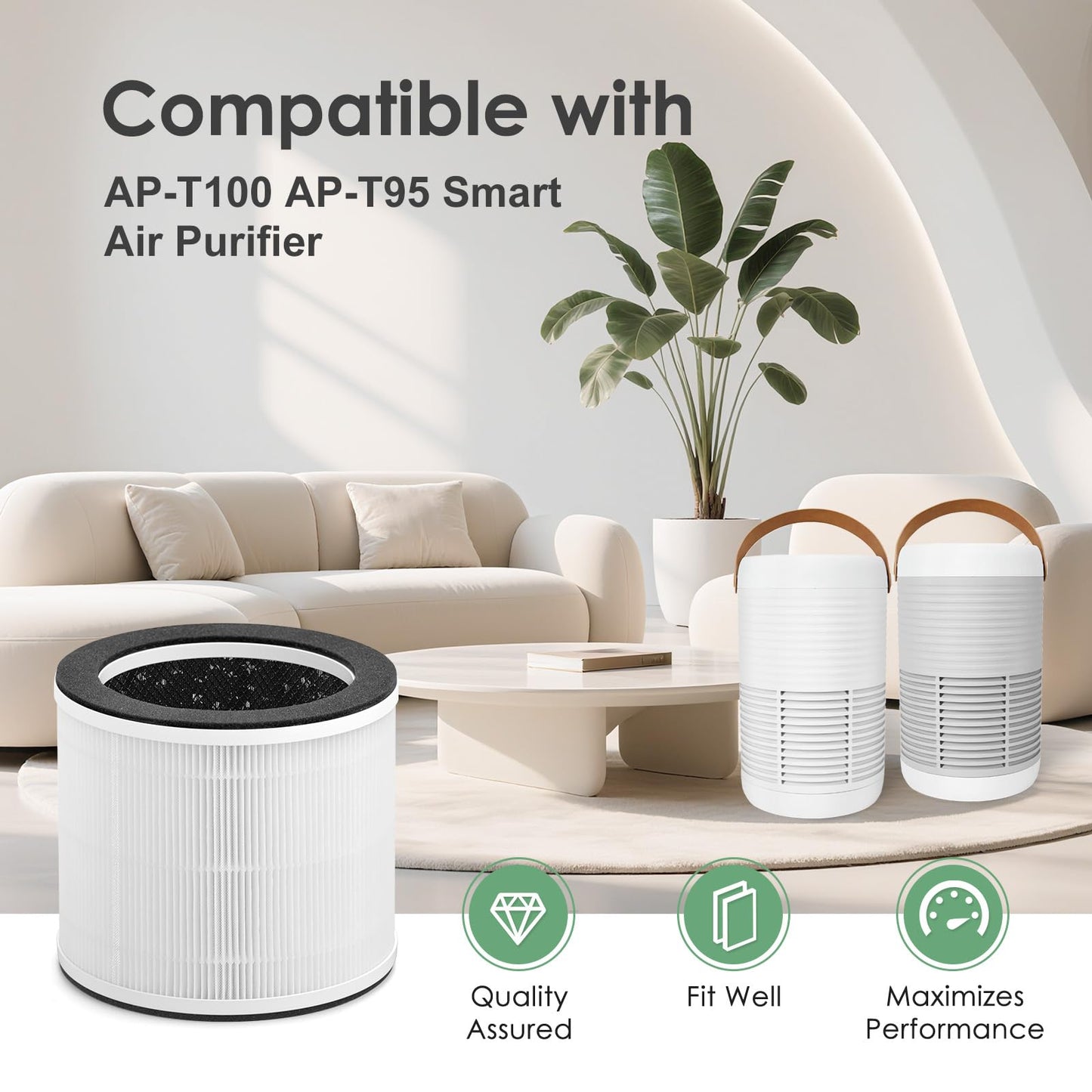HSIAMEN AP-T100FL Filter Replacement Compatible with HoMedics AP-T100 AP-T95 Smart Air Purifier, 3-in-1 True HEPA Activated Carbon Filter, 2-Pack