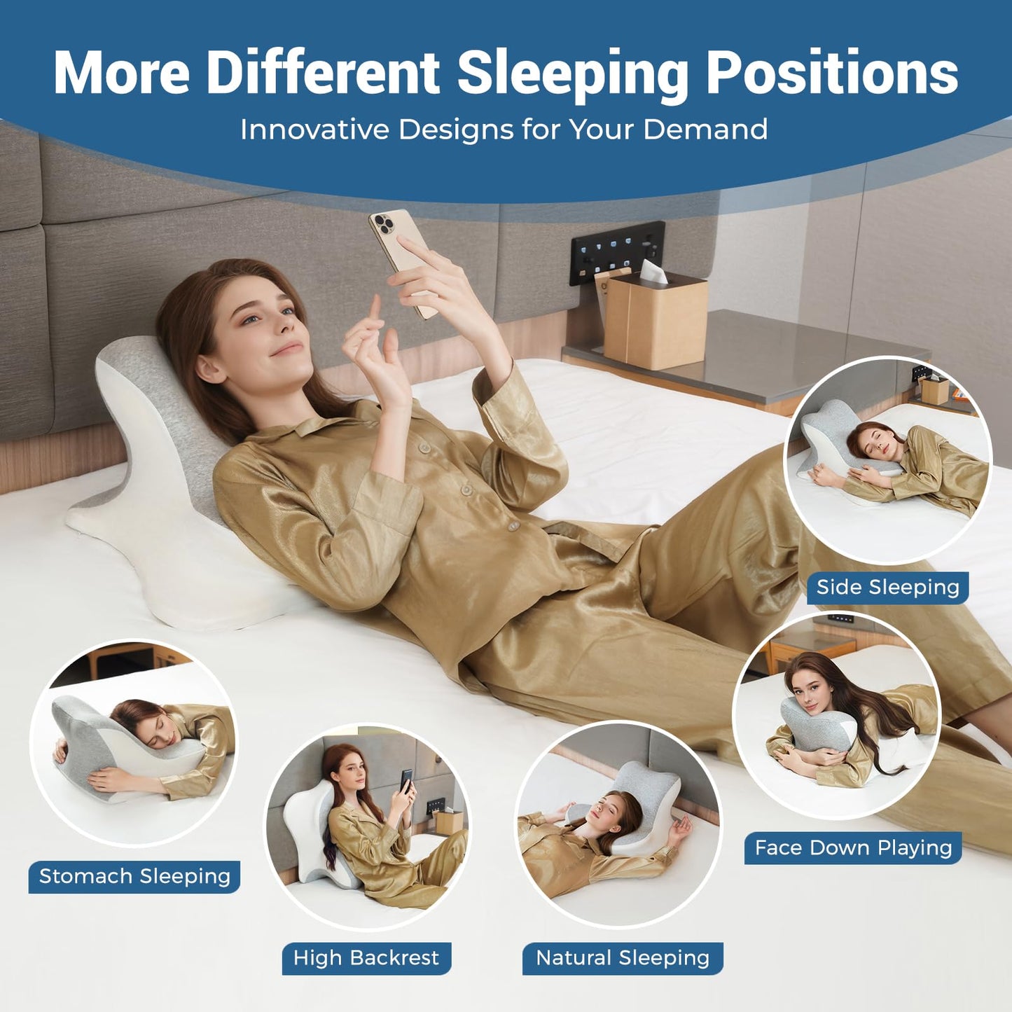 WOGAHEV Reading Pillow for Bed, Lying, Leaning and Prone, Ergonomic Memory Foam Bed Wedge Pillow for Headboard, Chin & Back Support Pillows on Bedrest Couch Floor- Grey